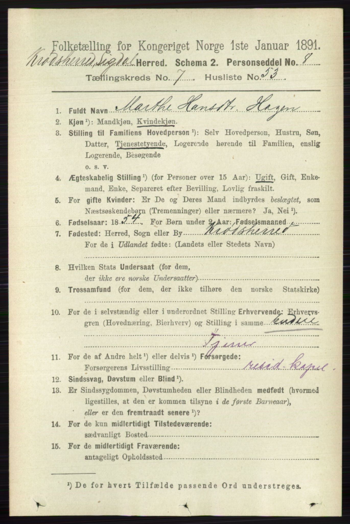 RA, 1891 census for 0621 Sigdal, 1891, p. 7364