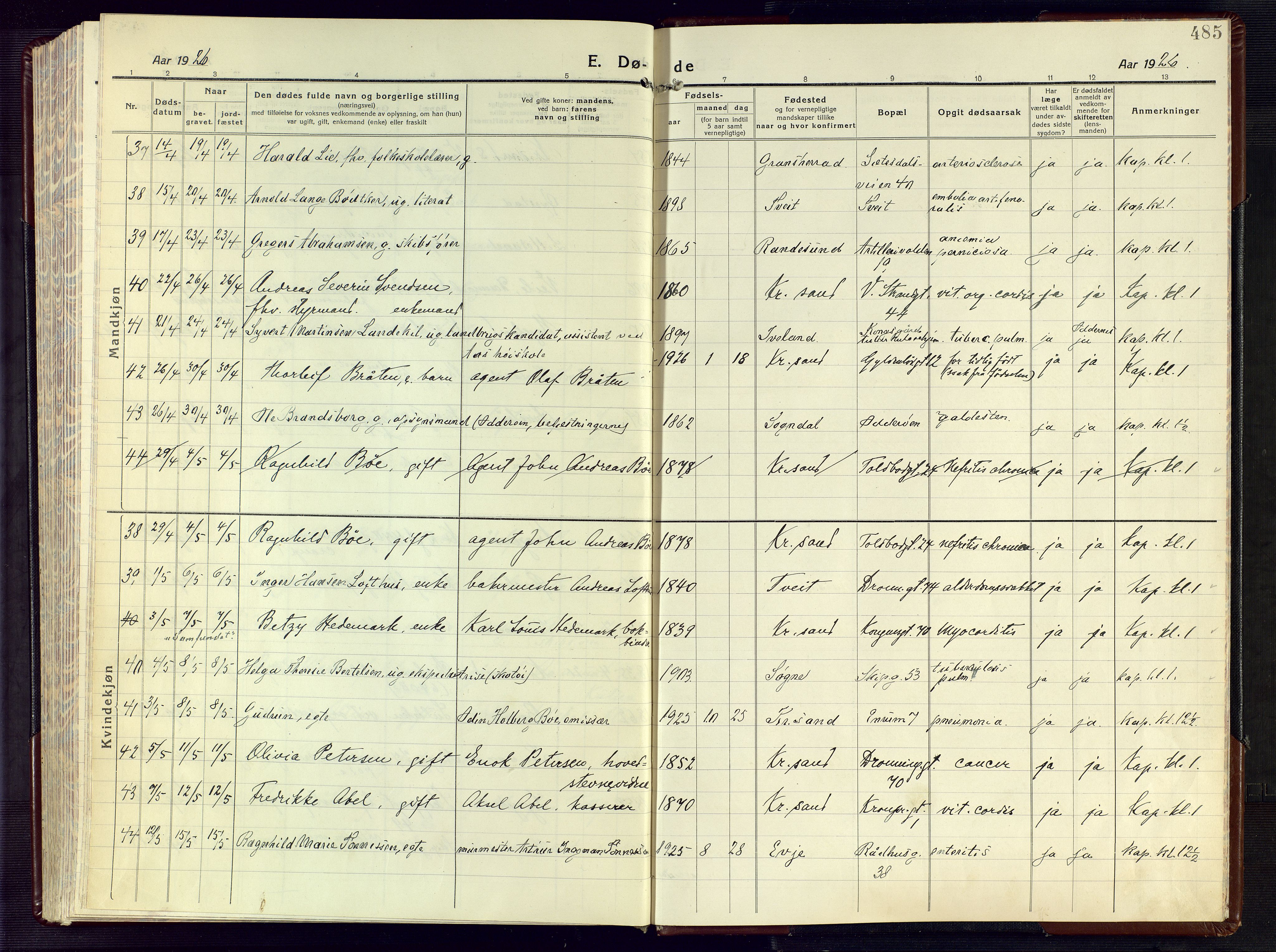 Kristiansand domprosti, AV/SAK-1112-0006/F/Fa/L0028: Parish register (official) no. A 27, 1917-1926, p. 485