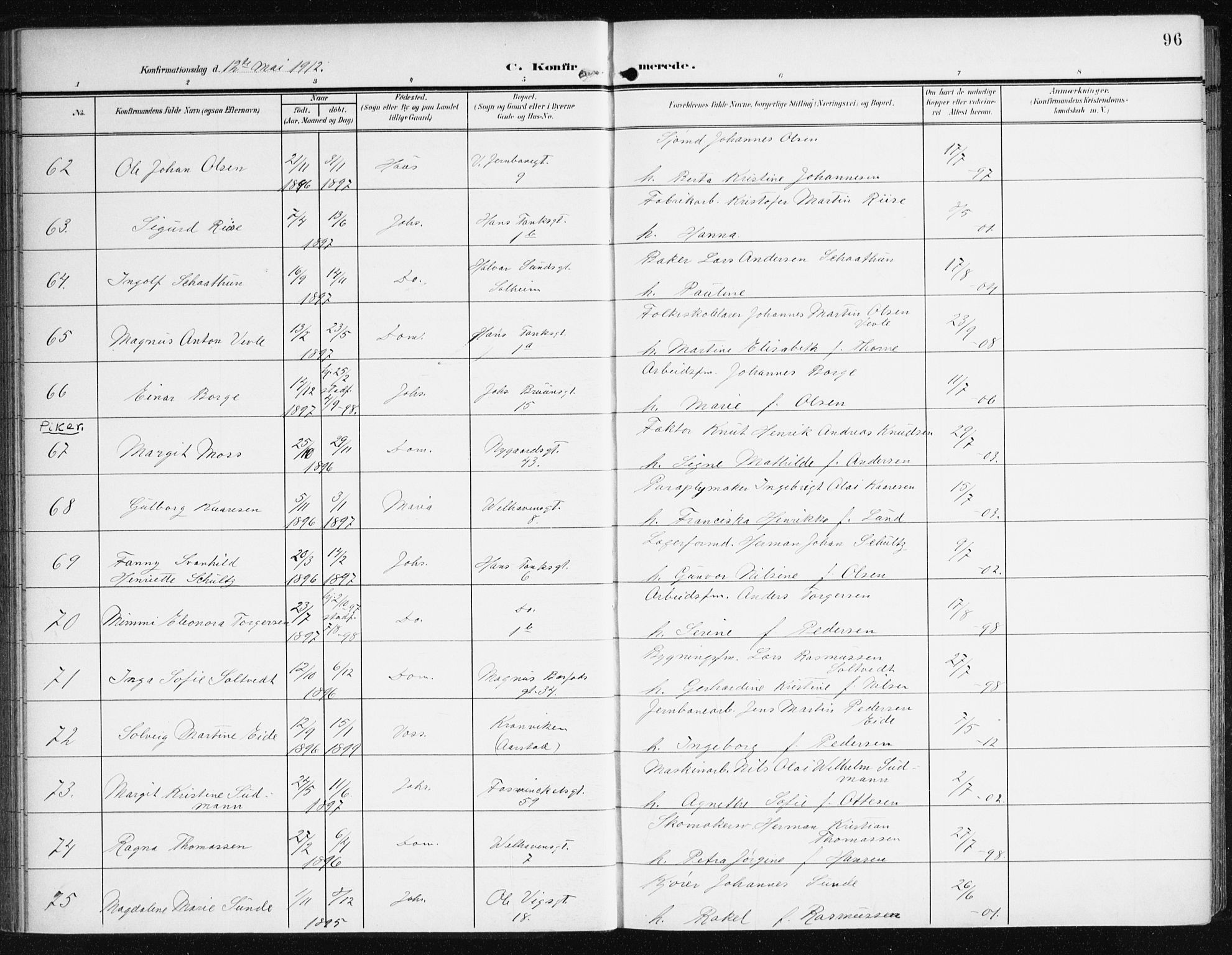 Johanneskirken sokneprestembete, SAB/A-76001/H/Haa/L0009: Parish register (official) no. C 2, 1907-1924, p. 96