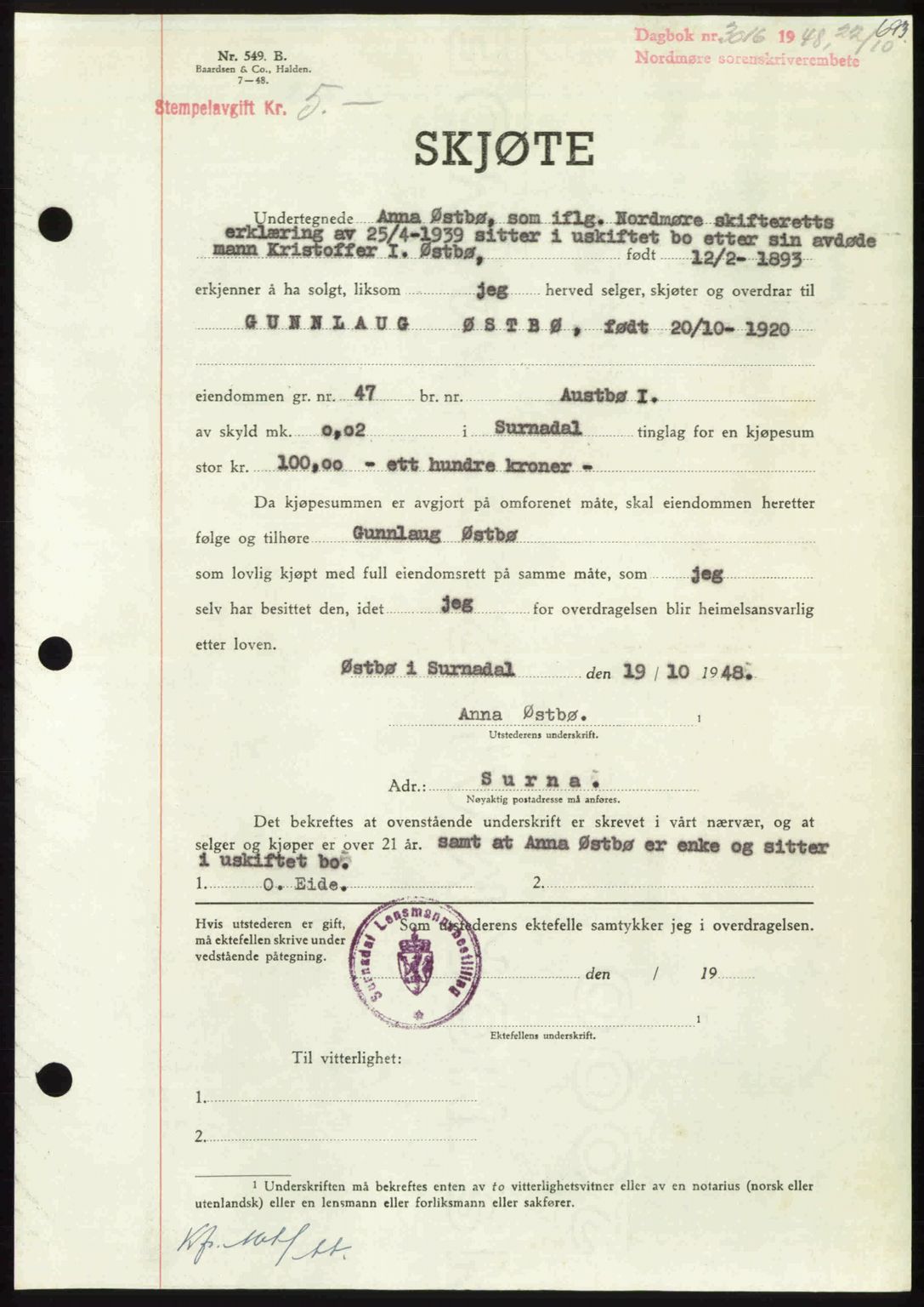 Nordmøre sorenskriveri, AV/SAT-A-4132/1/2/2Ca: Mortgage book no. A109, 1948-1948, Diary no: : 3016/1948