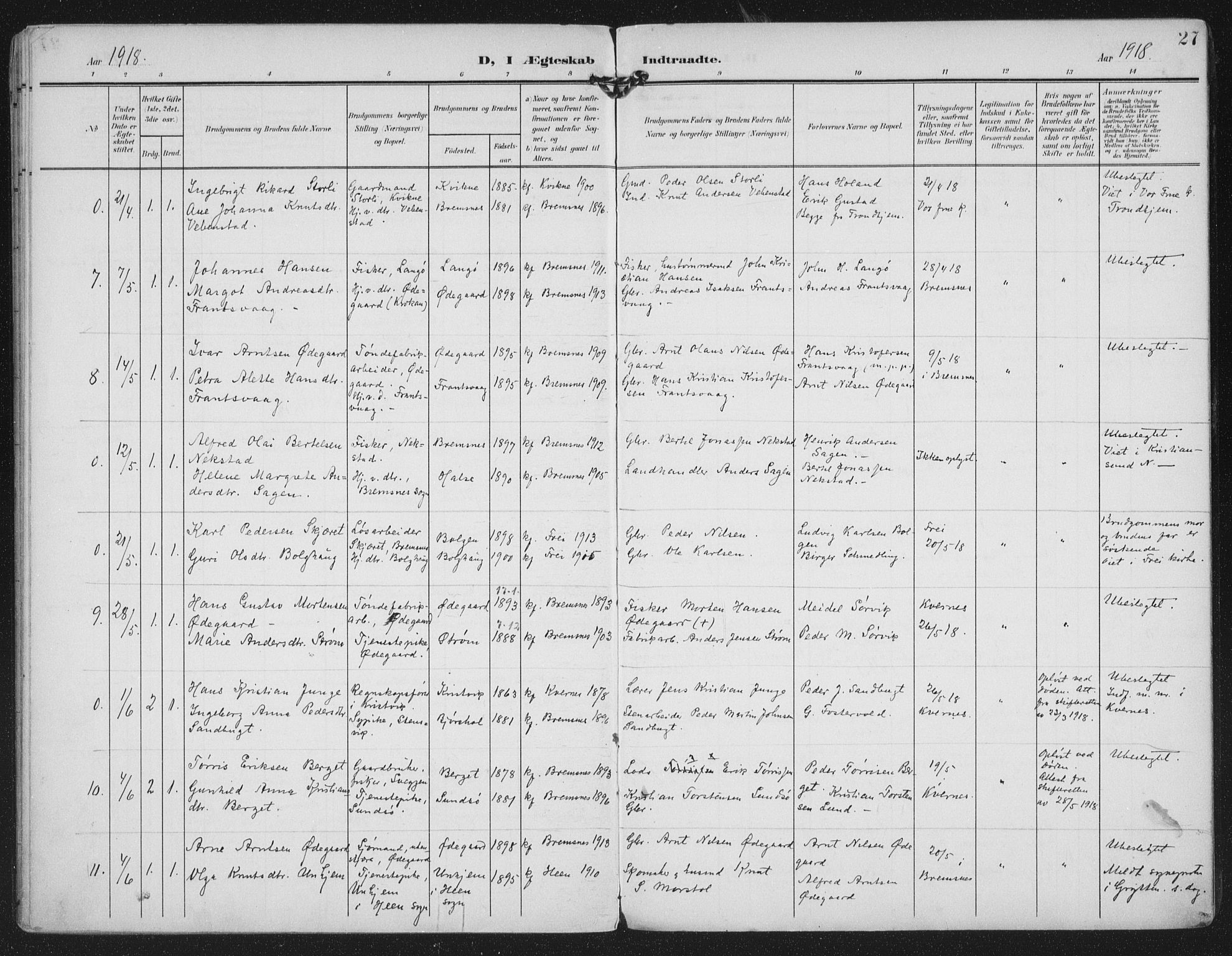 Ministerialprotokoller, klokkerbøker og fødselsregistre - Møre og Romsdal, SAT/A-1454/569/L0822: Parish register (official) no. 569A08, 1908-1919, p. 27