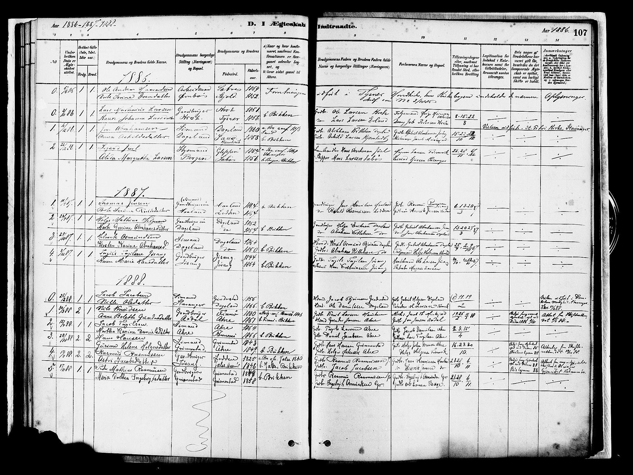 Tysvær sokneprestkontor, SAST/A -101864/H/Ha/Haa/L0007: Parish register (official) no. A 7, 1878-1897, p. 107