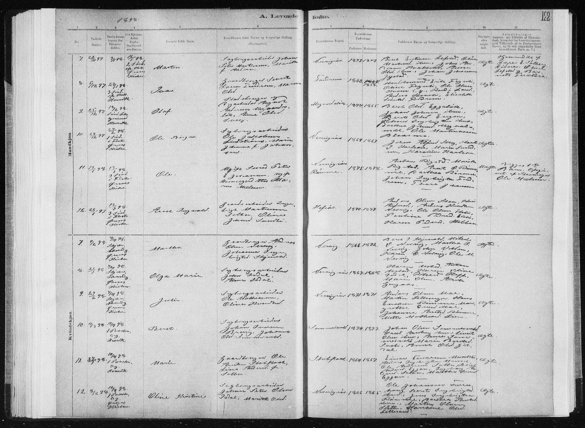Ministerialprotokoller, klokkerbøker og fødselsregistre - Sør-Trøndelag, SAT/A-1456/668/L0818: Parish register (copy) no. 668C07, 1885-1898, p. 122
