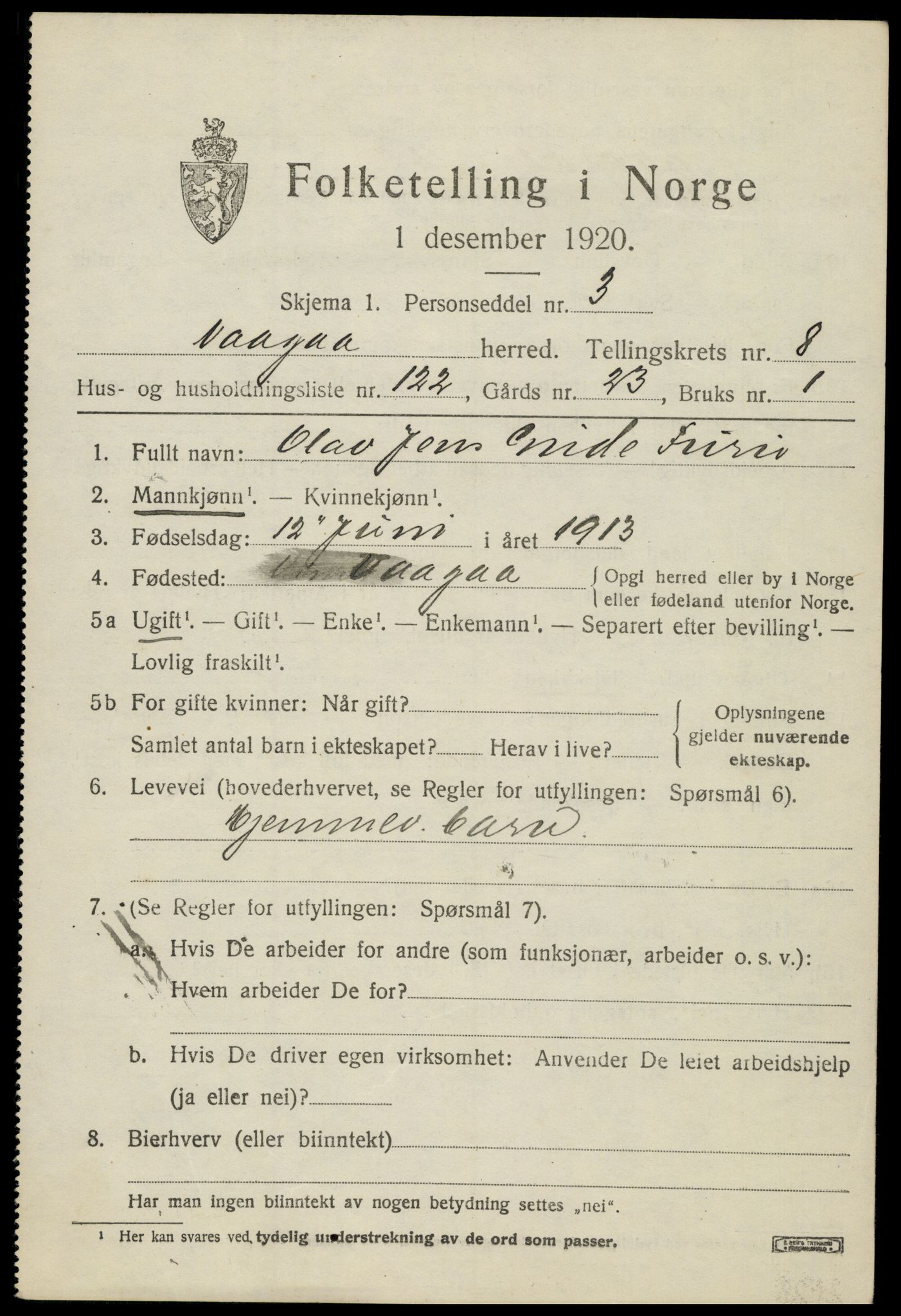 SAH, 1920 census for Vågå, 1920, p. 7328