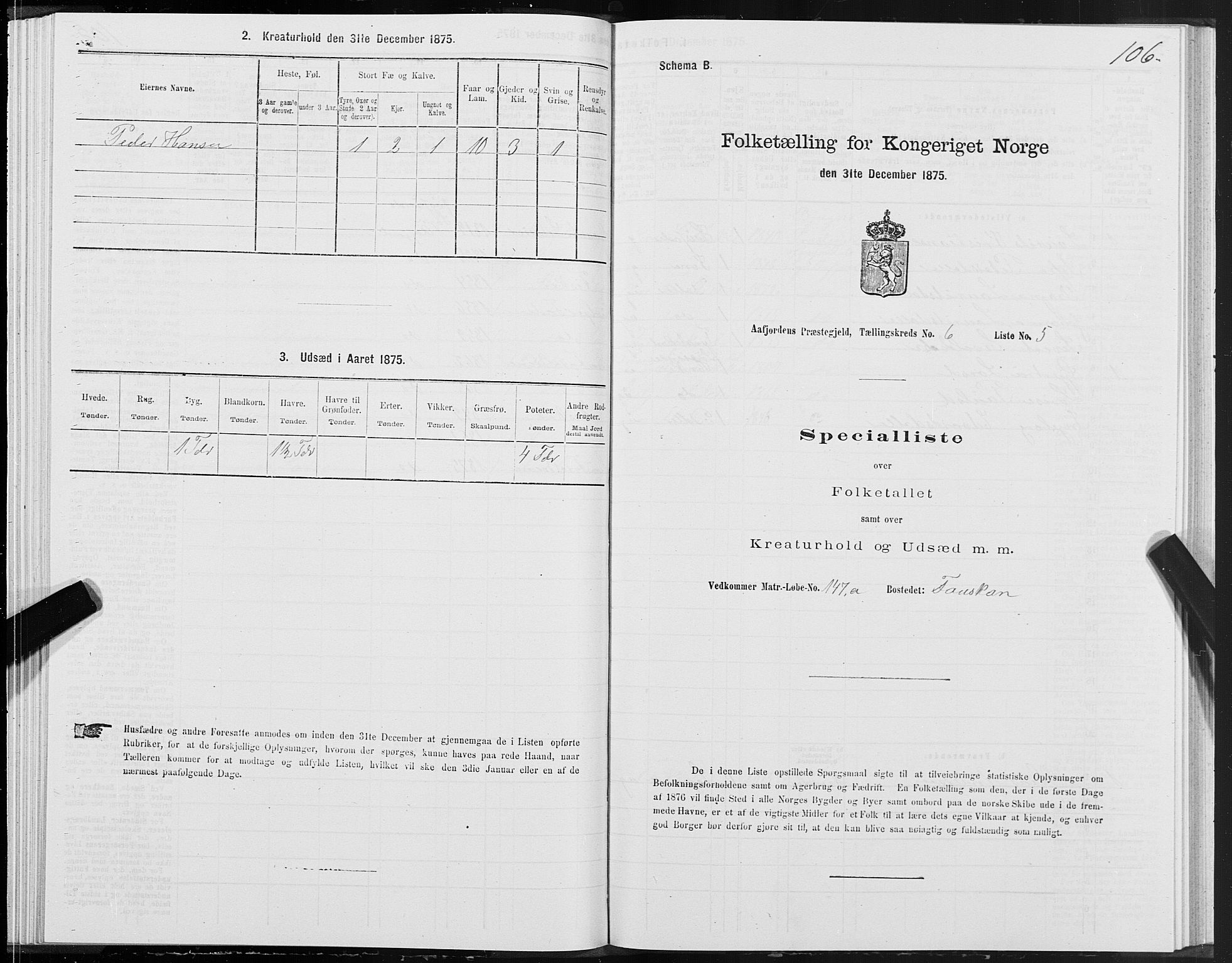 SAT, 1875 census for 1630P Aafjorden, 1875, p. 3106