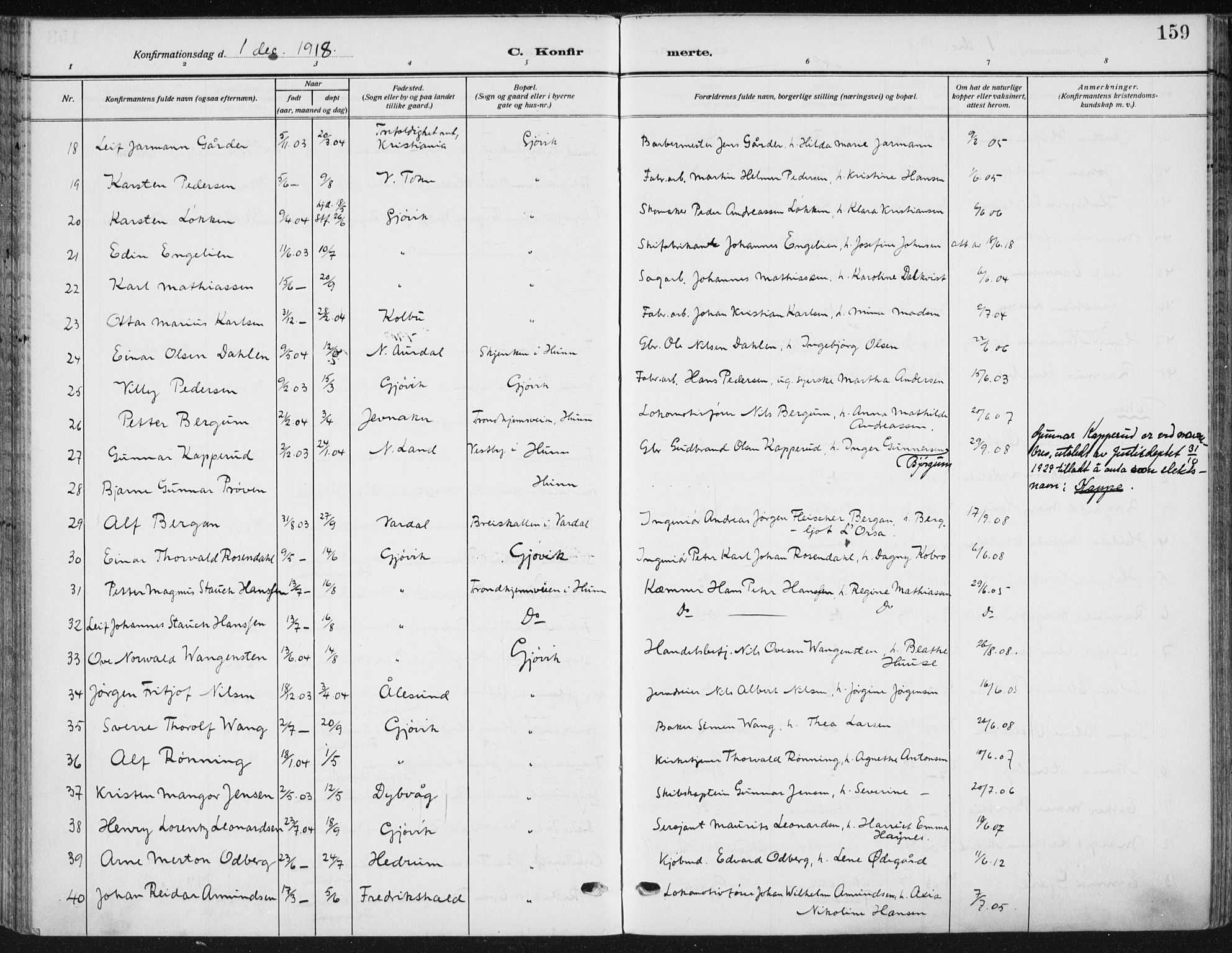 Vardal prestekontor, SAH/PREST-100/H/Ha/Haa/L0014: Parish register (official) no. 14, 1912-1922, p. 159