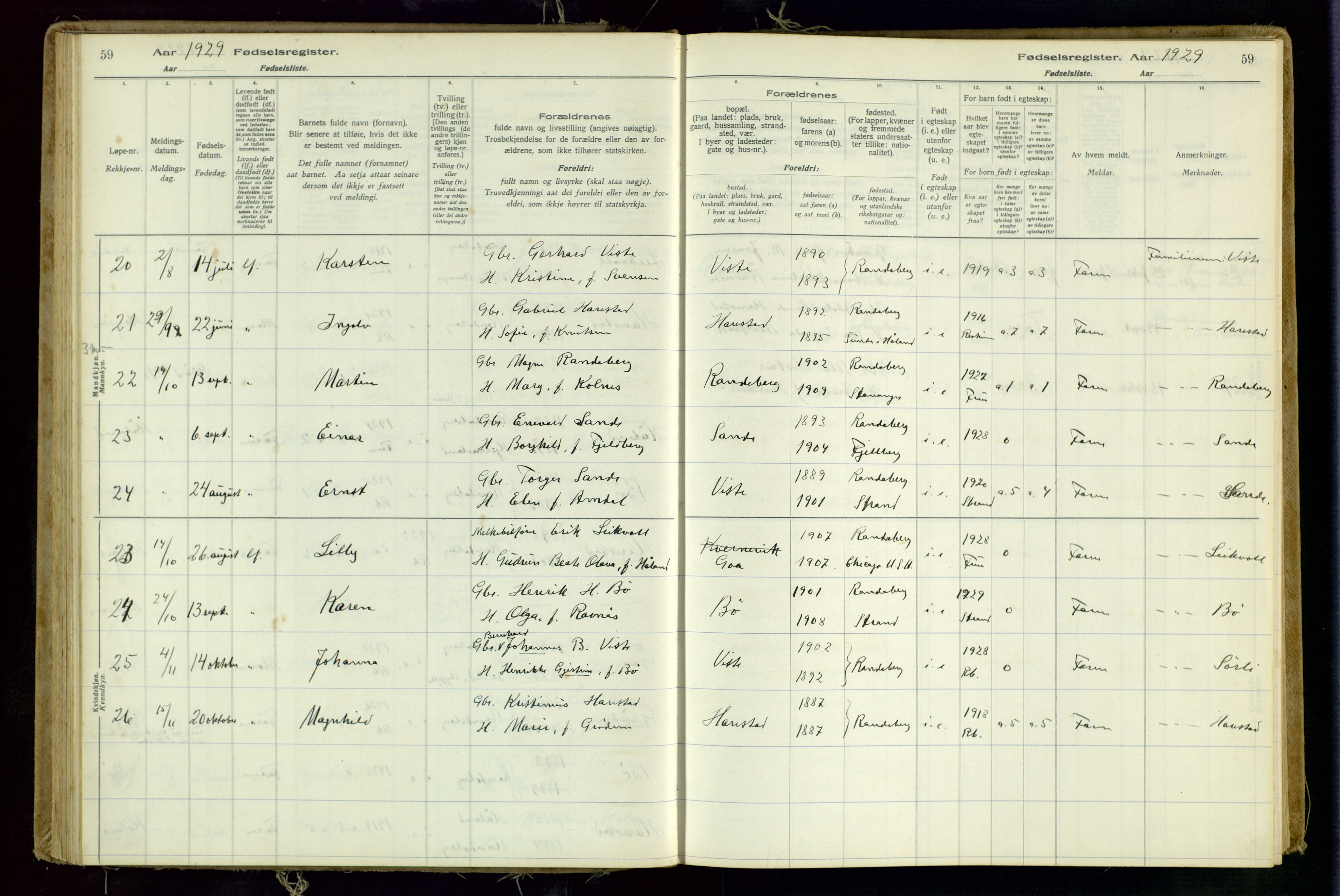 Hetland sokneprestkontor, AV/SAST-A-101826/70/704BA/L0001: Birth register no. 1, 1916-1954, p. 59