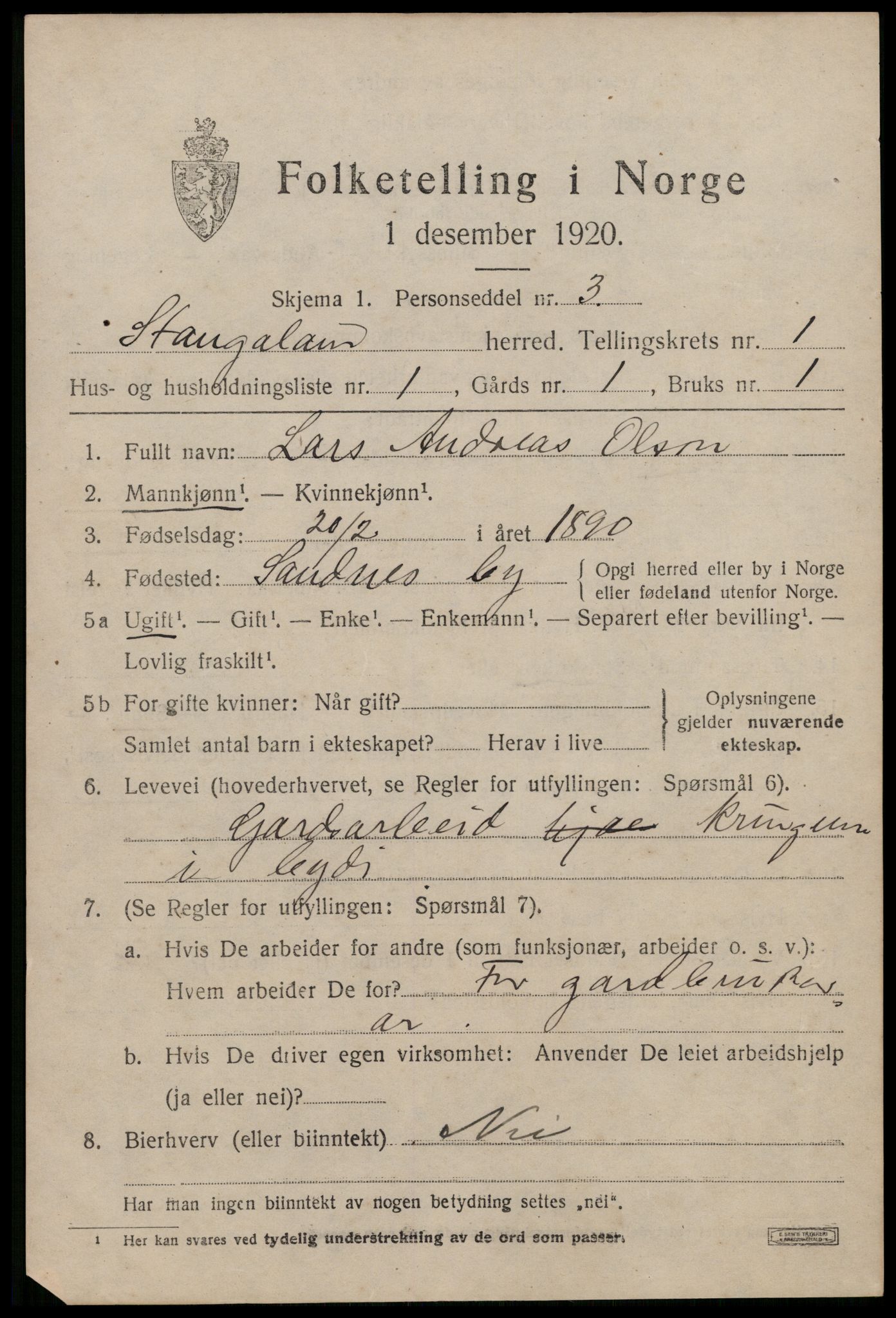 SAST, 1920 census for Stangaland, 1920, p. 587