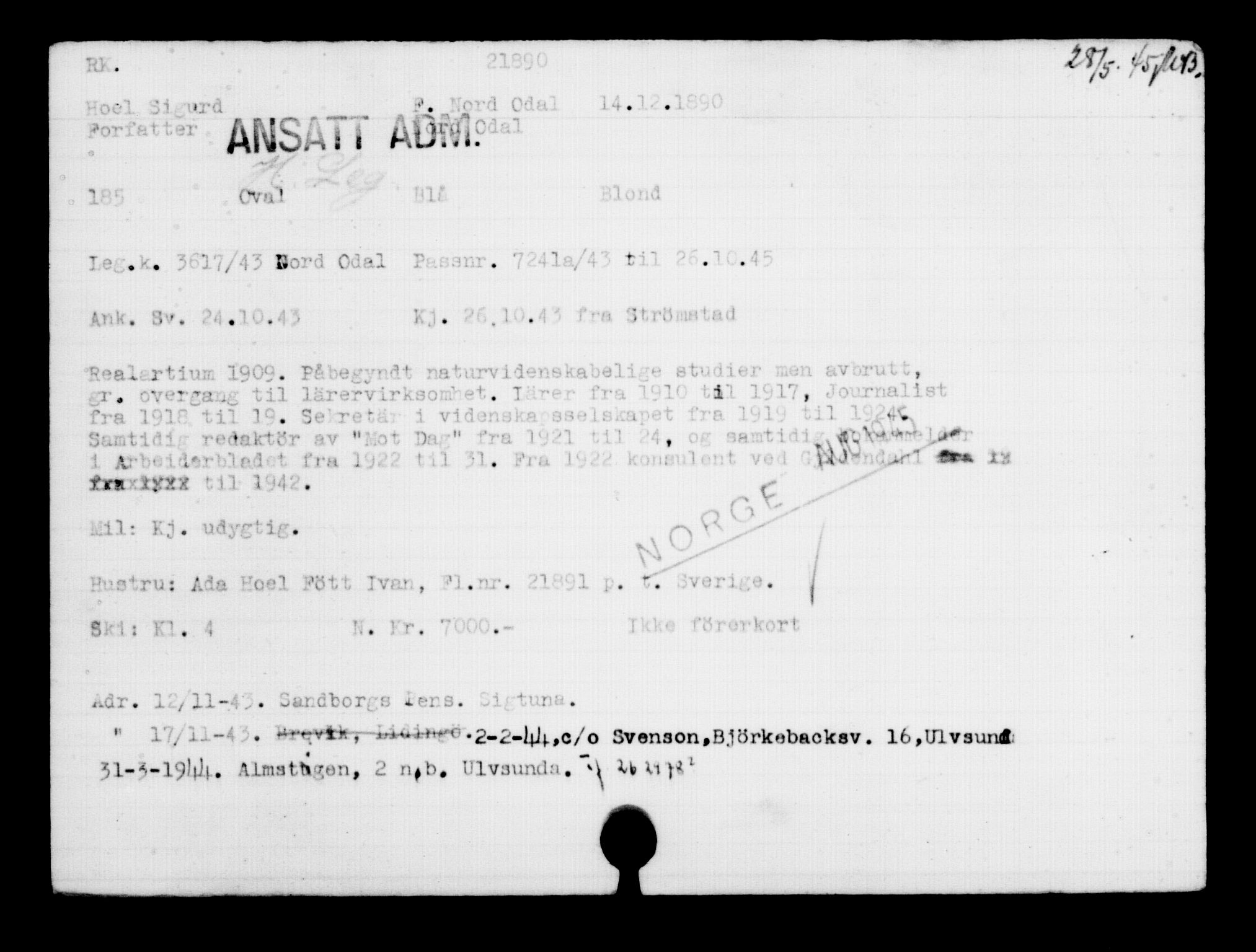 Utenriksstasjonene, Legasjonen i Stockholm, Flyktningkontoret, AV/RA-S-6753/V/Va/L0009: Kjesäterkartoteket, flyktninger med registreringsnr. 18502-22048, 1940-1945, p. 2926