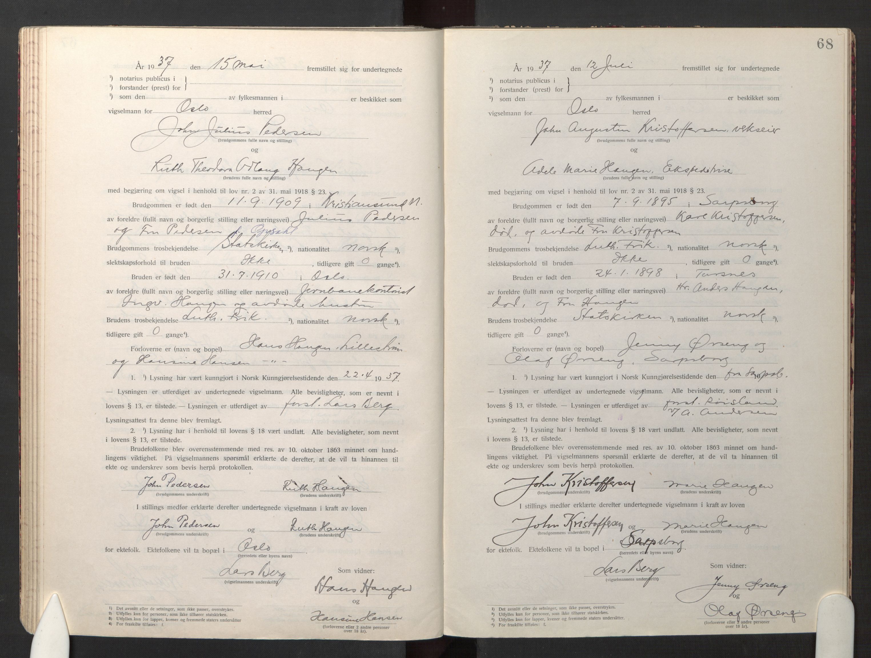 Den evangelisk-lutherske frikirke østre menighet, Oslo, AV/SAO-PAO-0245/F/L0005: Marriage register (dissenter) no. 5, 1920-1941, p. 68