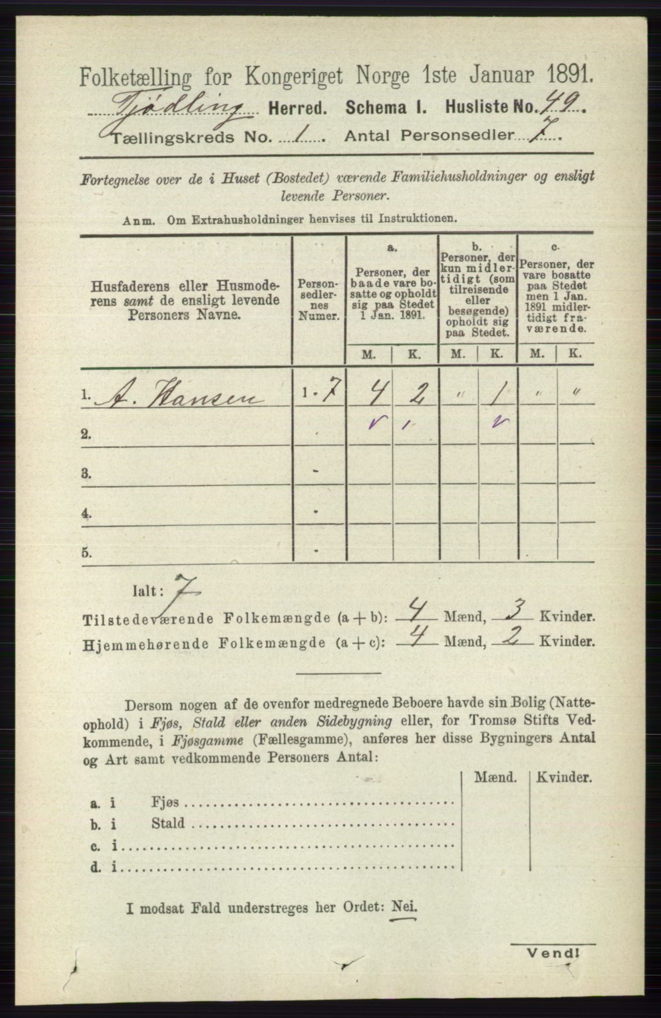 RA, 1891 census for 0725 Tjølling, 1891, p. 76