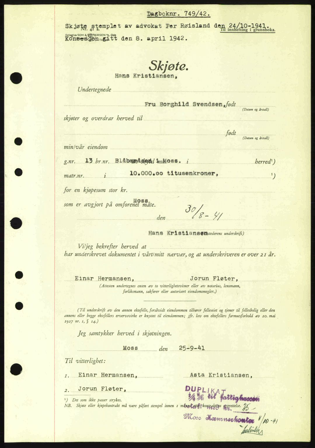 Moss sorenskriveri, SAO/A-10168: Mortgage book no. A9, 1941-1942, Diary no: : 749/1942