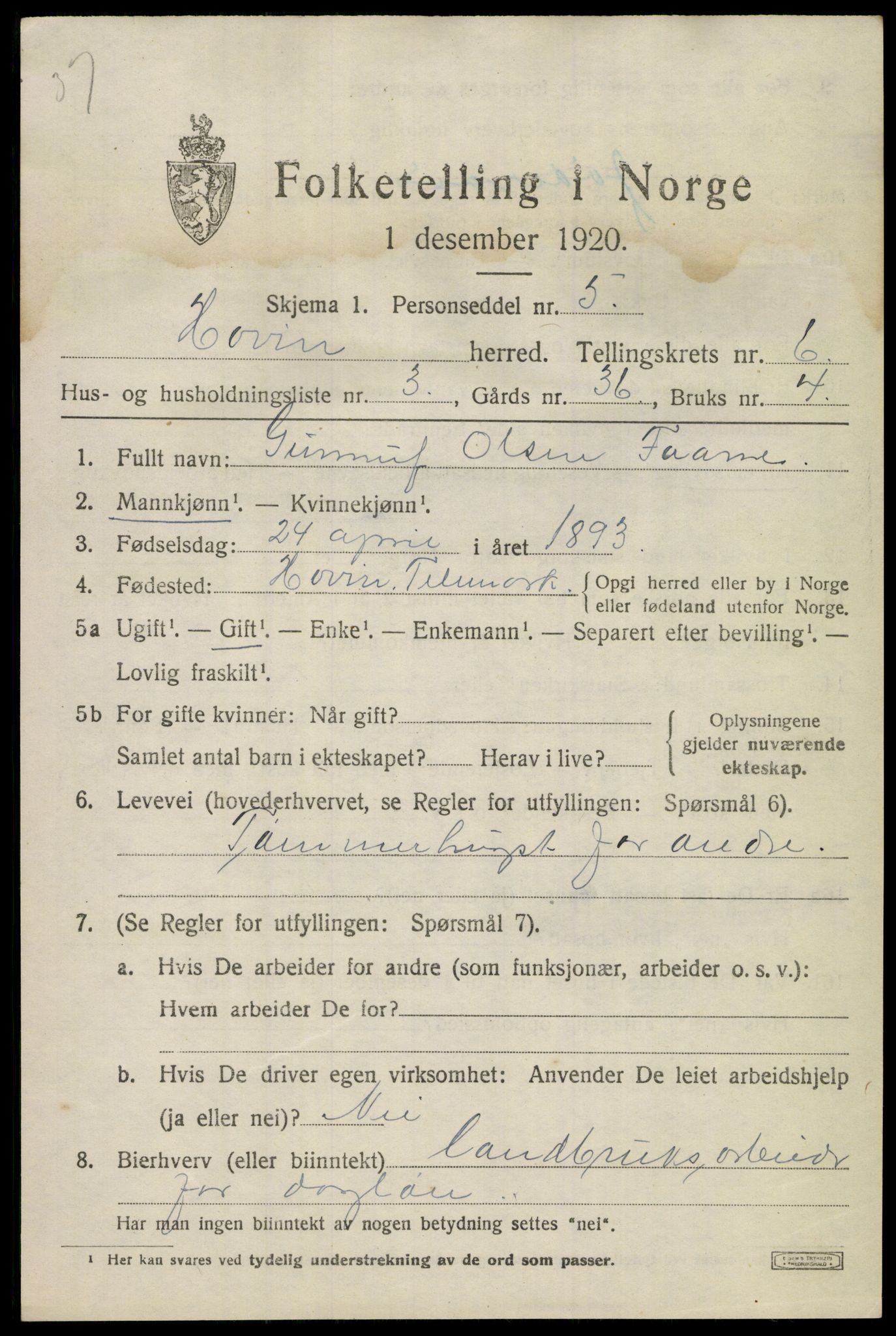 SAKO, 1920 census for Hovin, 1920, p. 1463