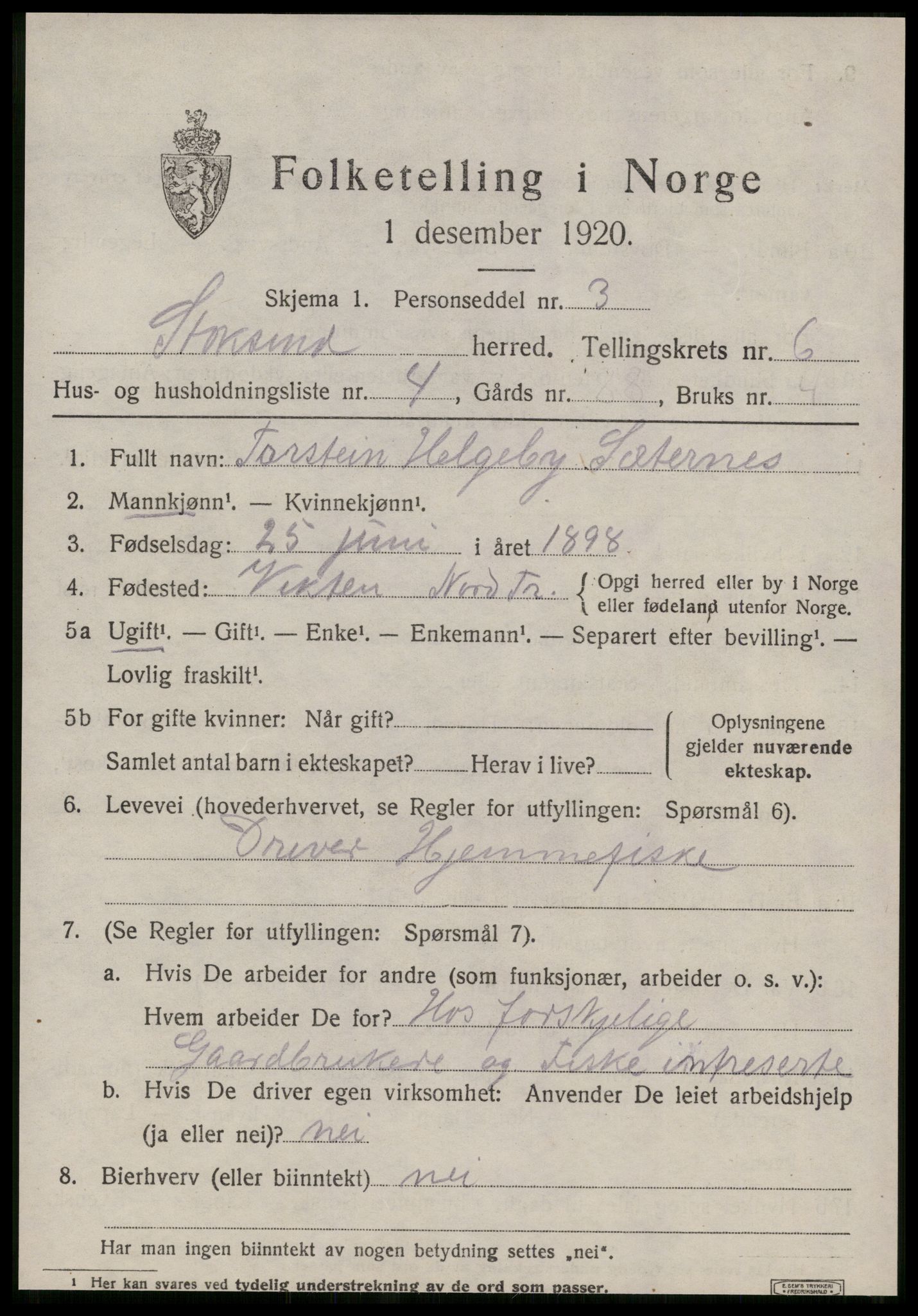 SAT, 1920 census for Stoksund, 1920, p. 3436