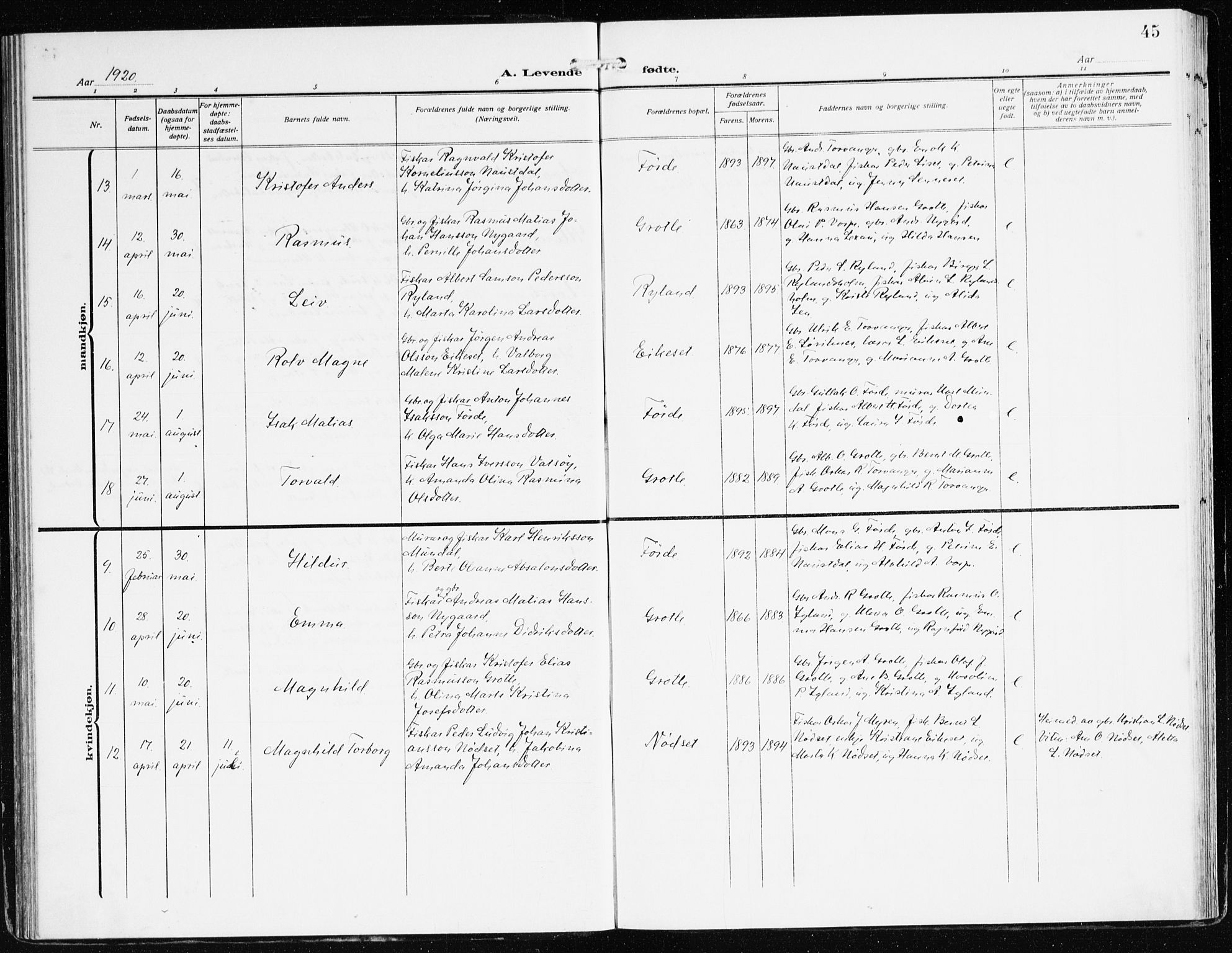 Bremanger sokneprestembete, AV/SAB-A-82201/H/Haa/Haac/L0001: Parish register (official) no. C 1, 1908-1921, p. 45