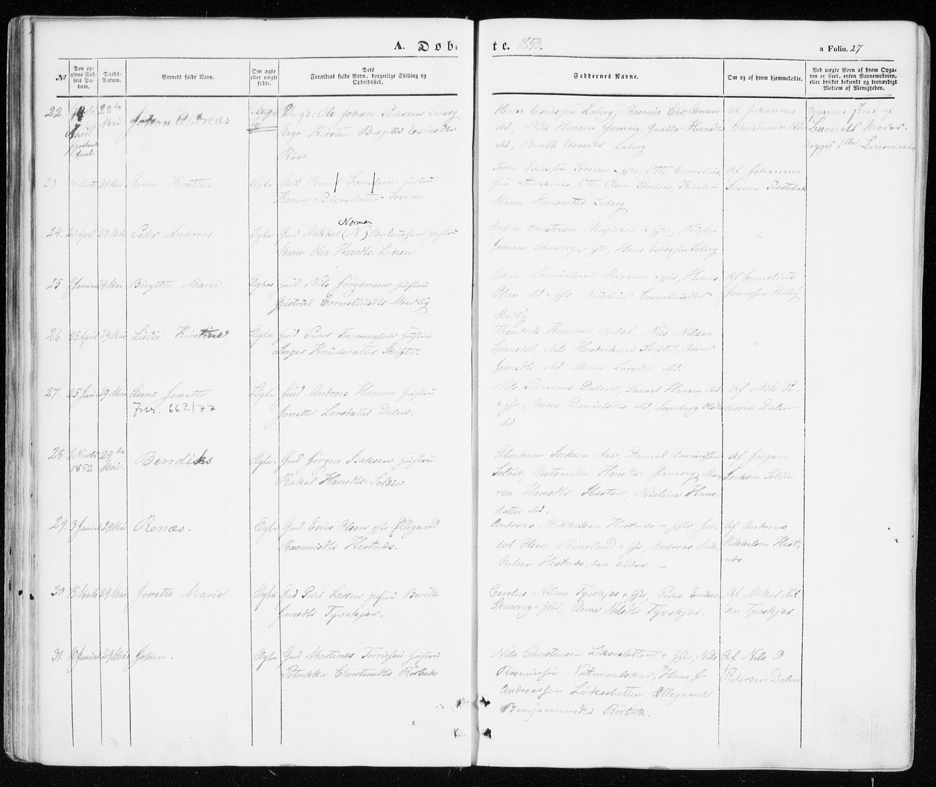 Ibestad sokneprestembete, AV/SATØ-S-0077/H/Ha/Haa/L0008kirke: Parish register (official) no. 8, 1850-1859, p. 27