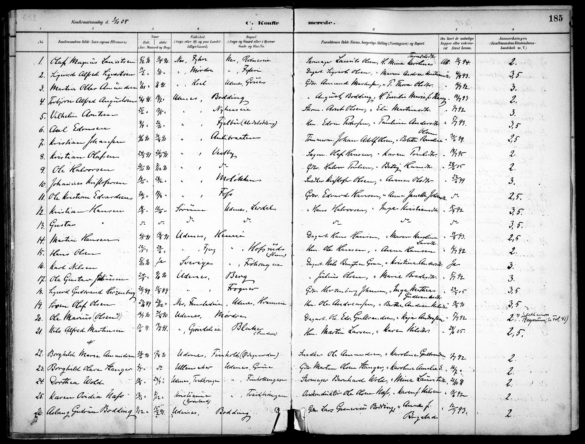 Nes prestekontor Kirkebøker, SAO/A-10410/F/Fc/L0002: Parish register (official) no. IIi 2, 1882-1916, p. 185
