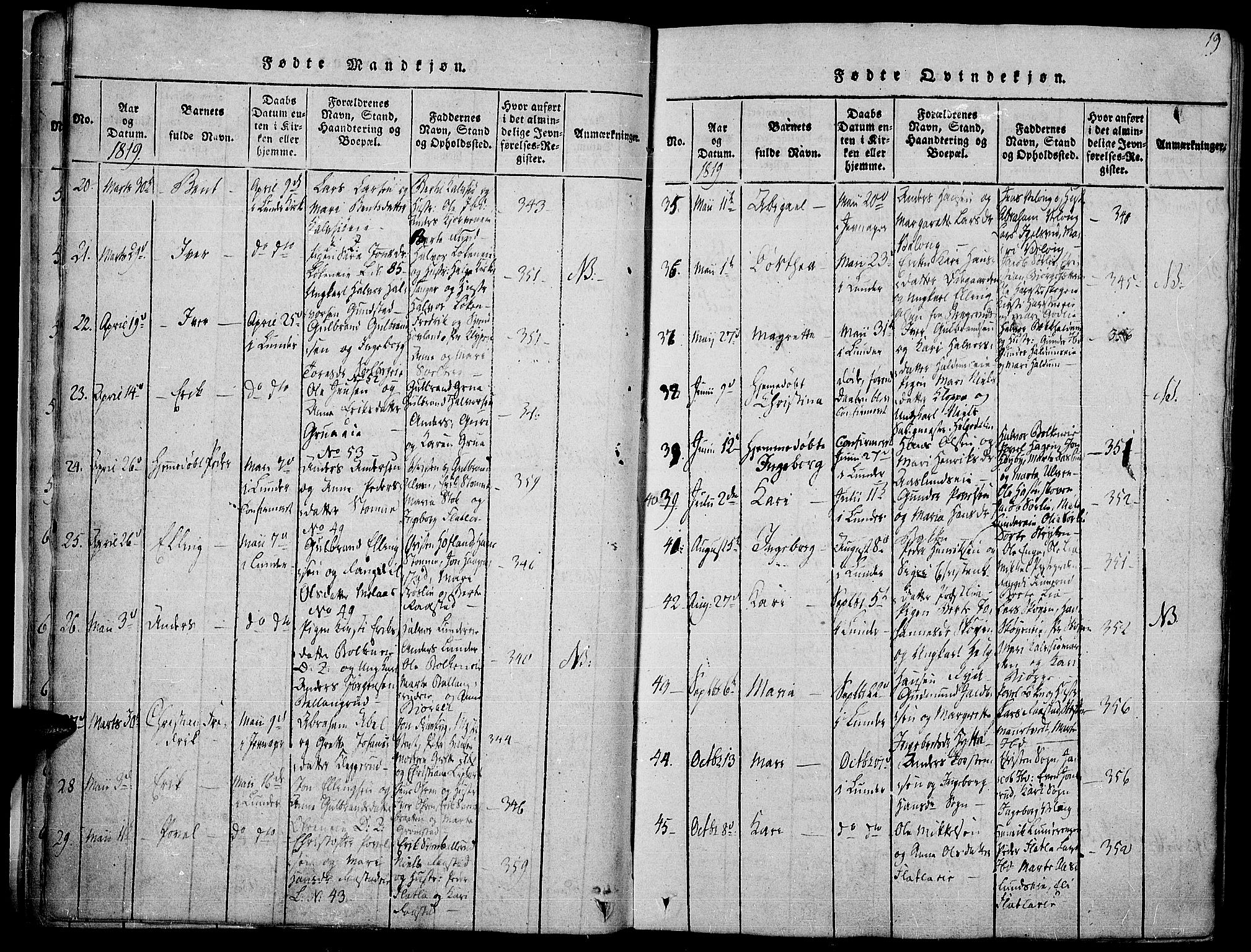 Jevnaker prestekontor, SAH/PREST-116/H/Ha/Haa/L0005: Parish register (official) no. 5, 1815-1837, p. 19