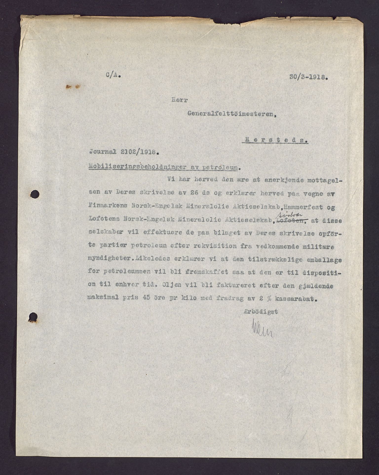 Pa 1521 - A/S Norske Shell, AV/SAST-A-101915/E/Ea/Eaa/L0003: Sjefskorrespondanse, 1918, p. 14