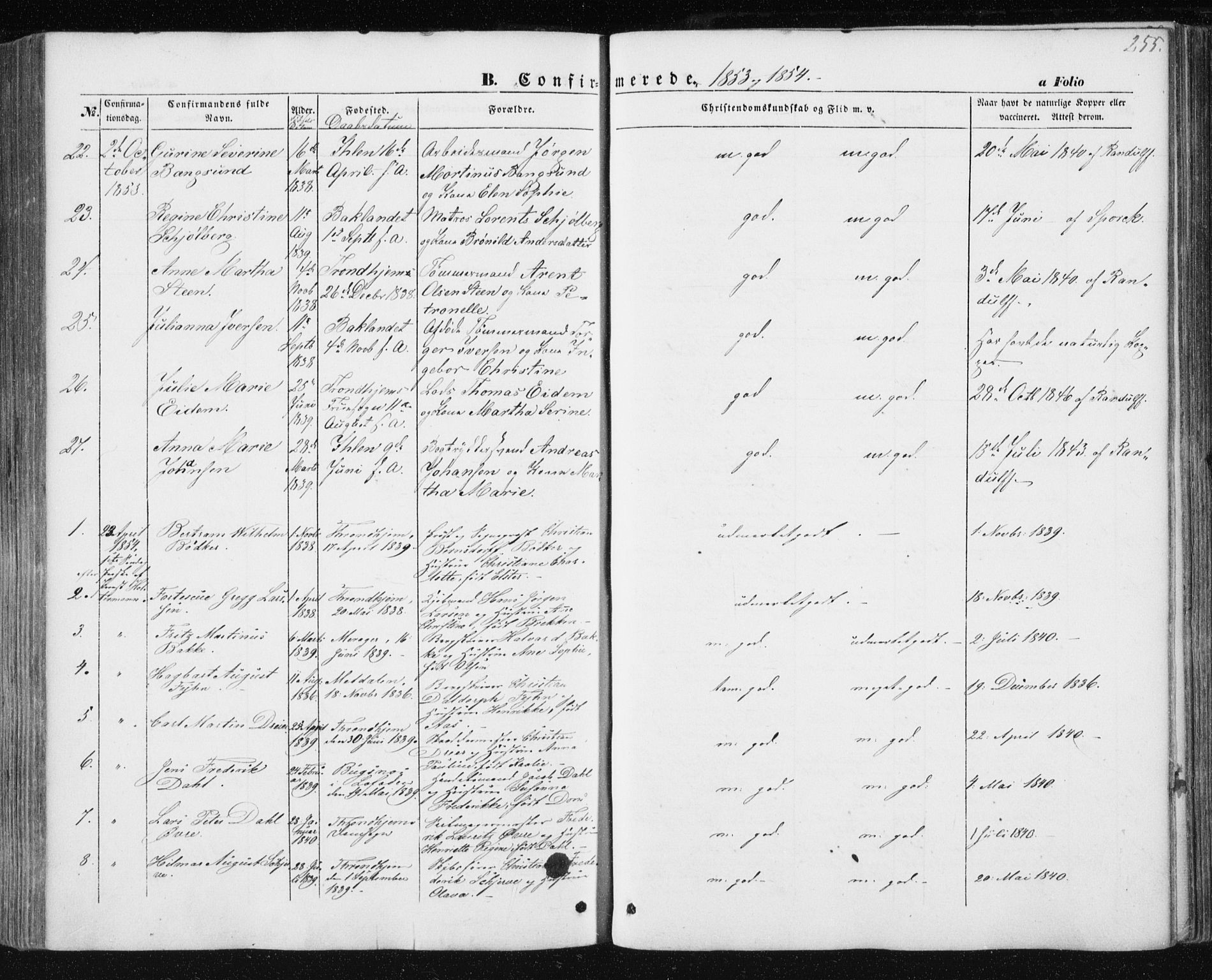 Ministerialprotokoller, klokkerbøker og fødselsregistre - Sør-Trøndelag, SAT/A-1456/602/L0112: Parish register (official) no. 602A10, 1848-1859, p. 255