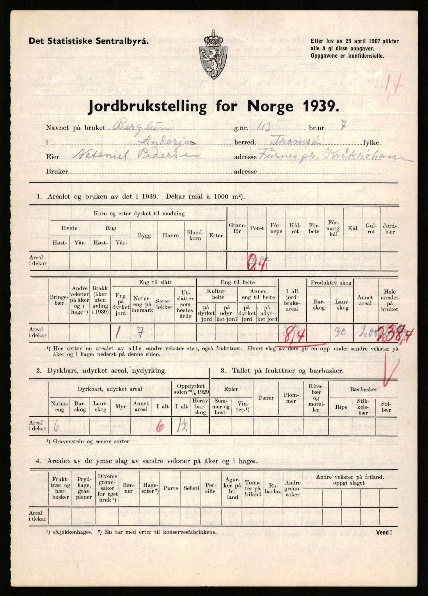 Statistisk sentralbyrå, Næringsøkonomiske emner, Jordbruk, skogbruk, jakt, fiske og fangst, AV/RA-S-2234/G/Gb/L0339: Troms: Andørja, Astafjord og Lavangen, 1939, p. 433