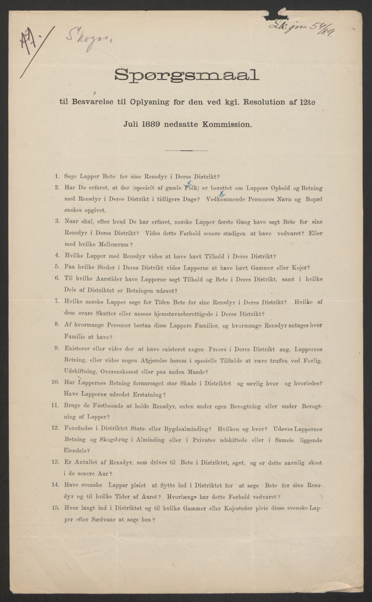 Landbruksdepartementet, Kontorer for reindrift og ferskvannsfiske, AV/RA-S-1247/2/E/Eb/L0014: Lappekommisjonen, 1885-1890, p. 889