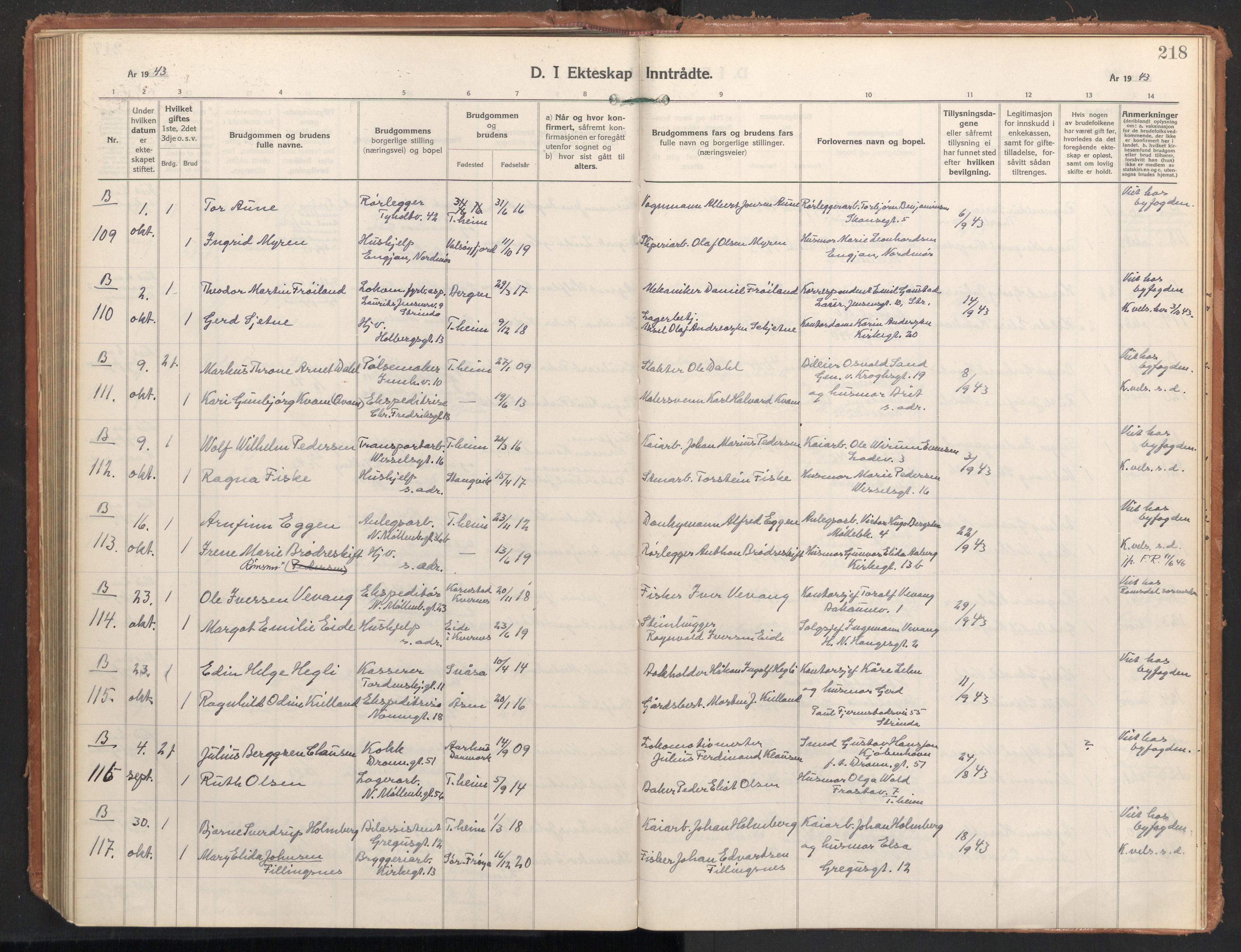 Ministerialprotokoller, klokkerbøker og fødselsregistre - Sør-Trøndelag, AV/SAT-A-1456/604/L0209: Parish register (official) no. 604A29, 1931-1945, p. 218