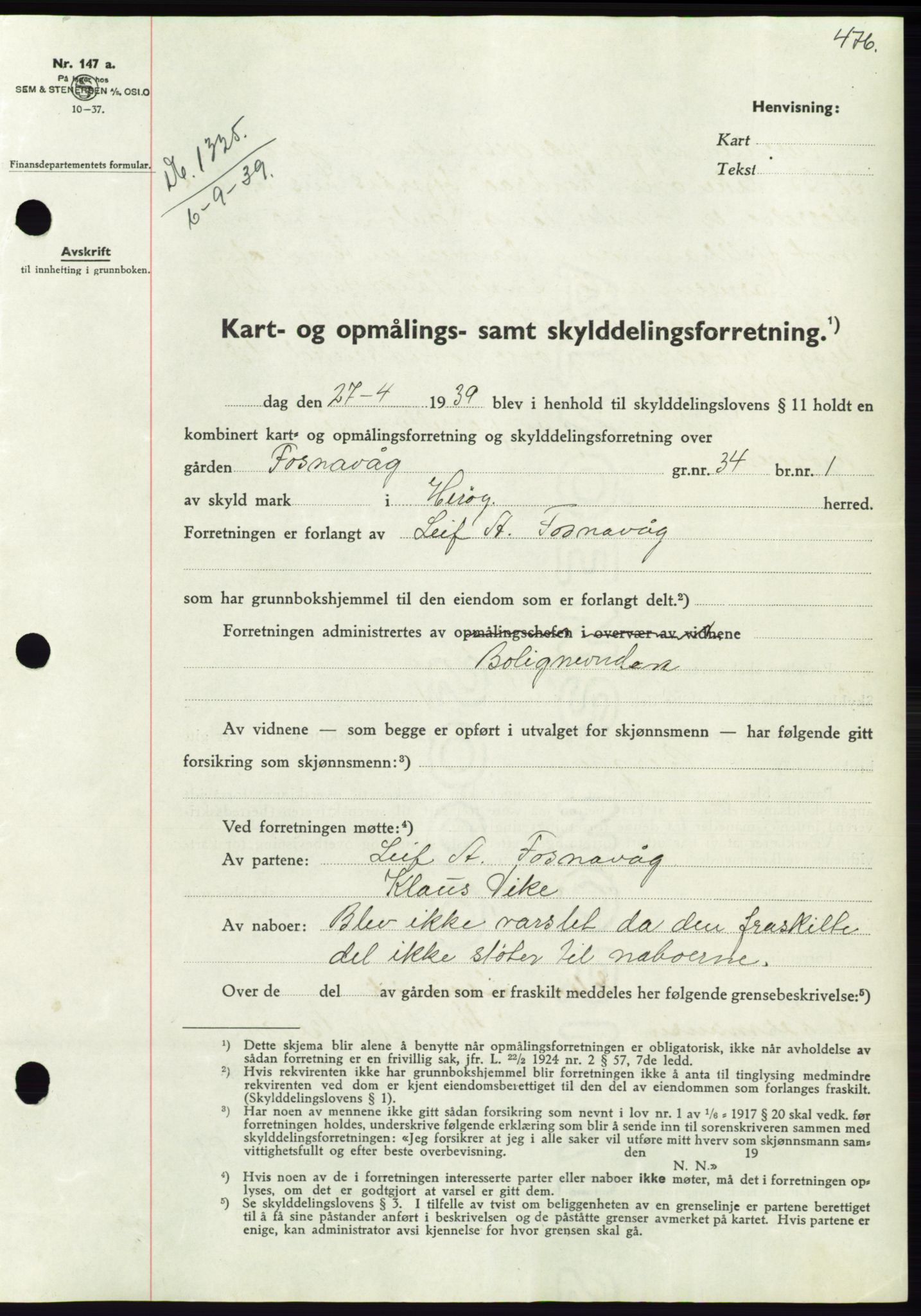 Søre Sunnmøre sorenskriveri, AV/SAT-A-4122/1/2/2C/L0068: Mortgage book no. 62, 1939-1939, Diary no: : 1325/1939