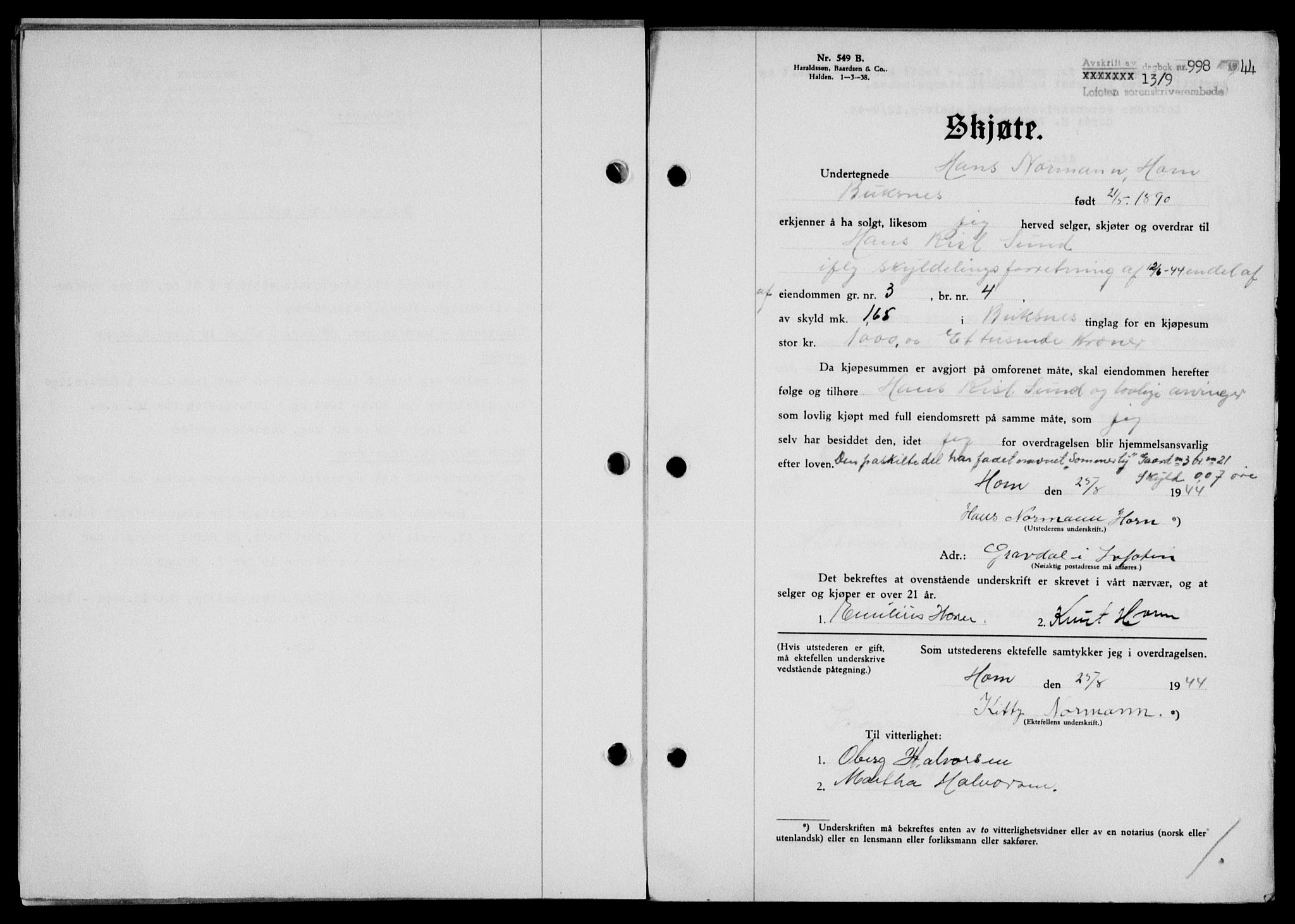 Lofoten sorenskriveri, SAT/A-0017/1/2/2C/L0012a: Mortgage book no. 12a, 1943-1944, Diary no: : 998/1944