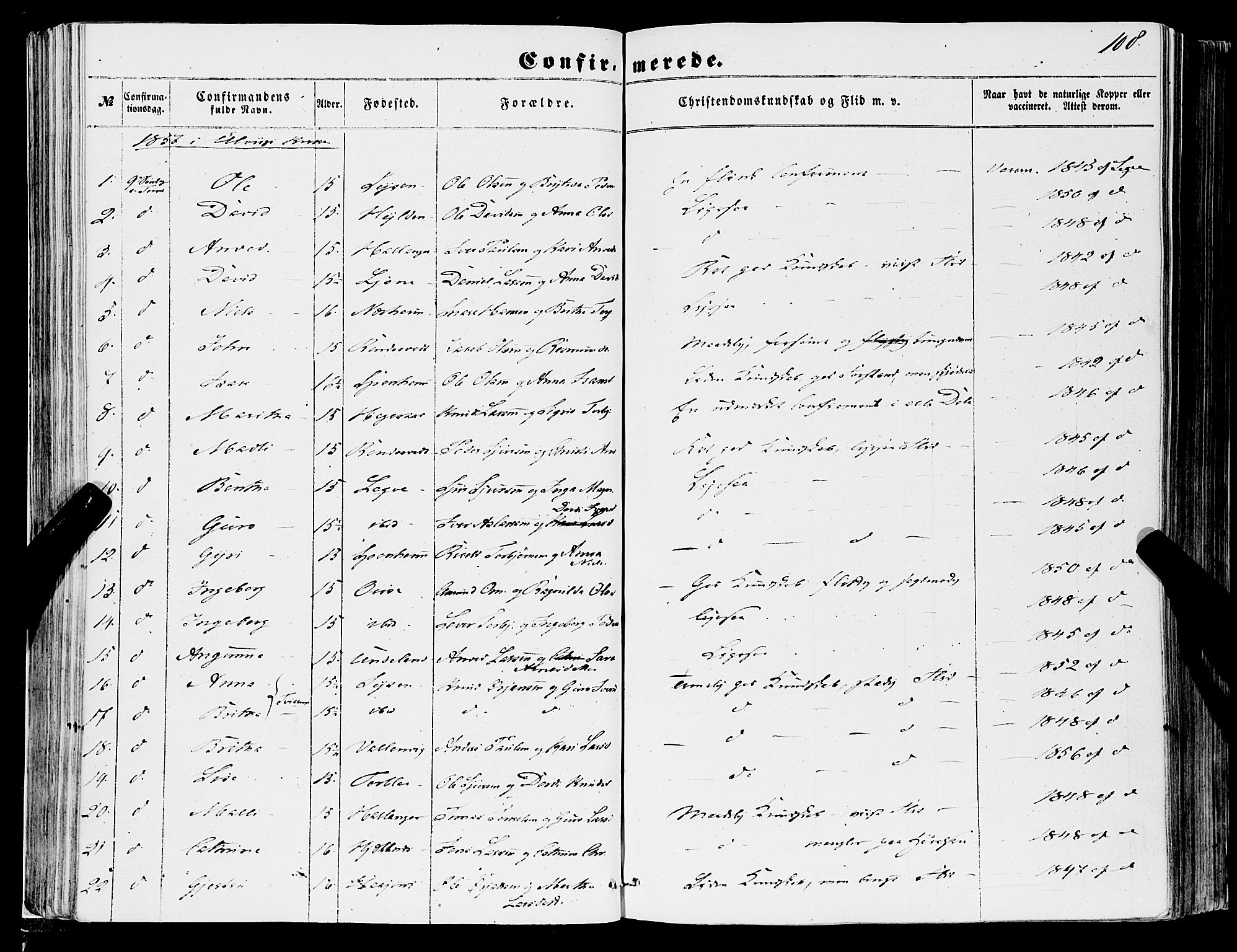 Ulvik sokneprestembete, SAB/A-78801/H/Haa: Parish register (official) no. A 13, 1853-1863, p. 108