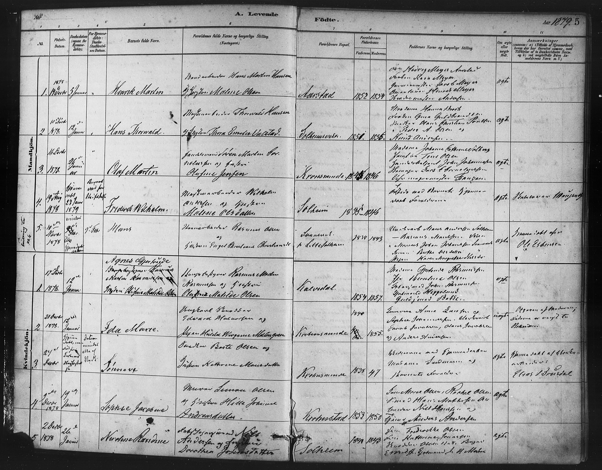 St. Jørgens hospital og Årstad sokneprestembete, SAB/A-99934: Parish register (official) no. A 7, 1879-1886, p. 5