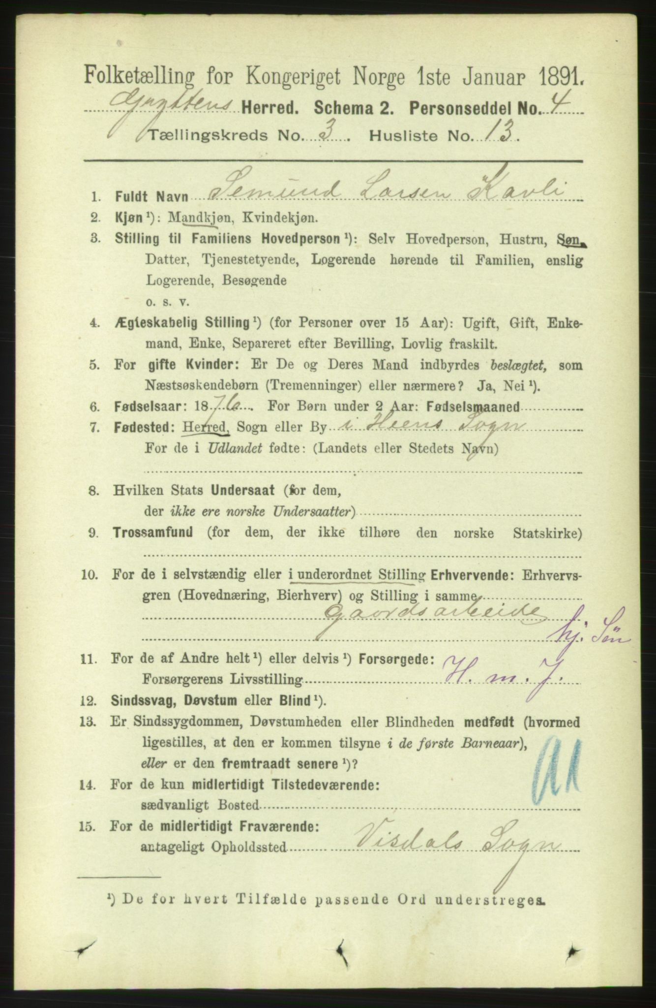 RA, 1891 census for 1539 Grytten, 1891, p. 1002