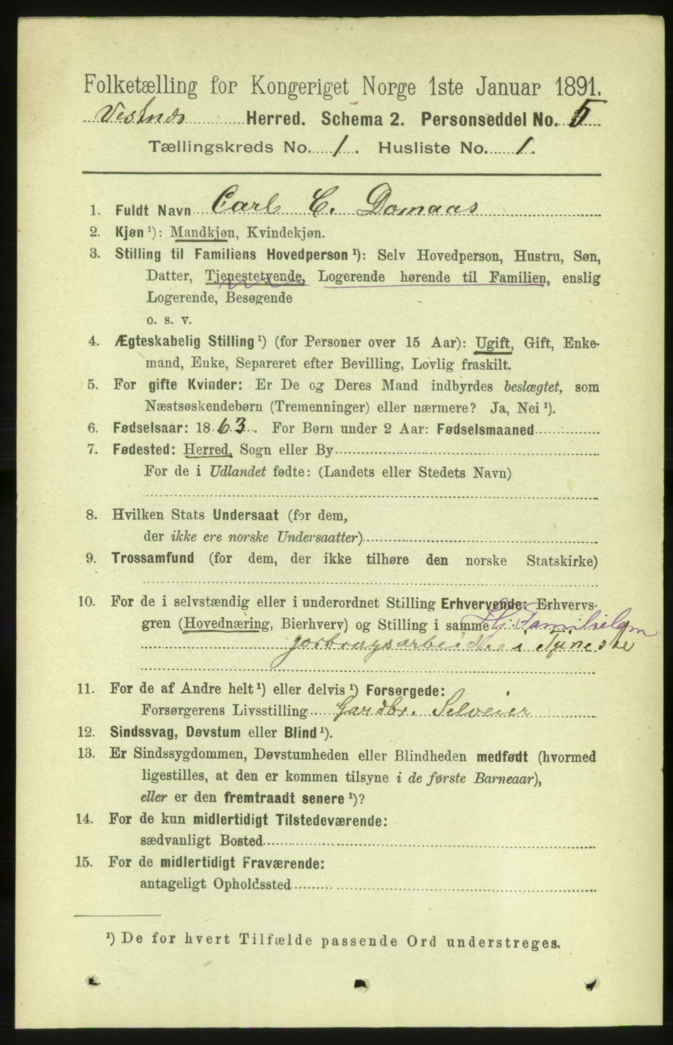 RA, 1891 census for 1535 Vestnes, 1891, p. 86