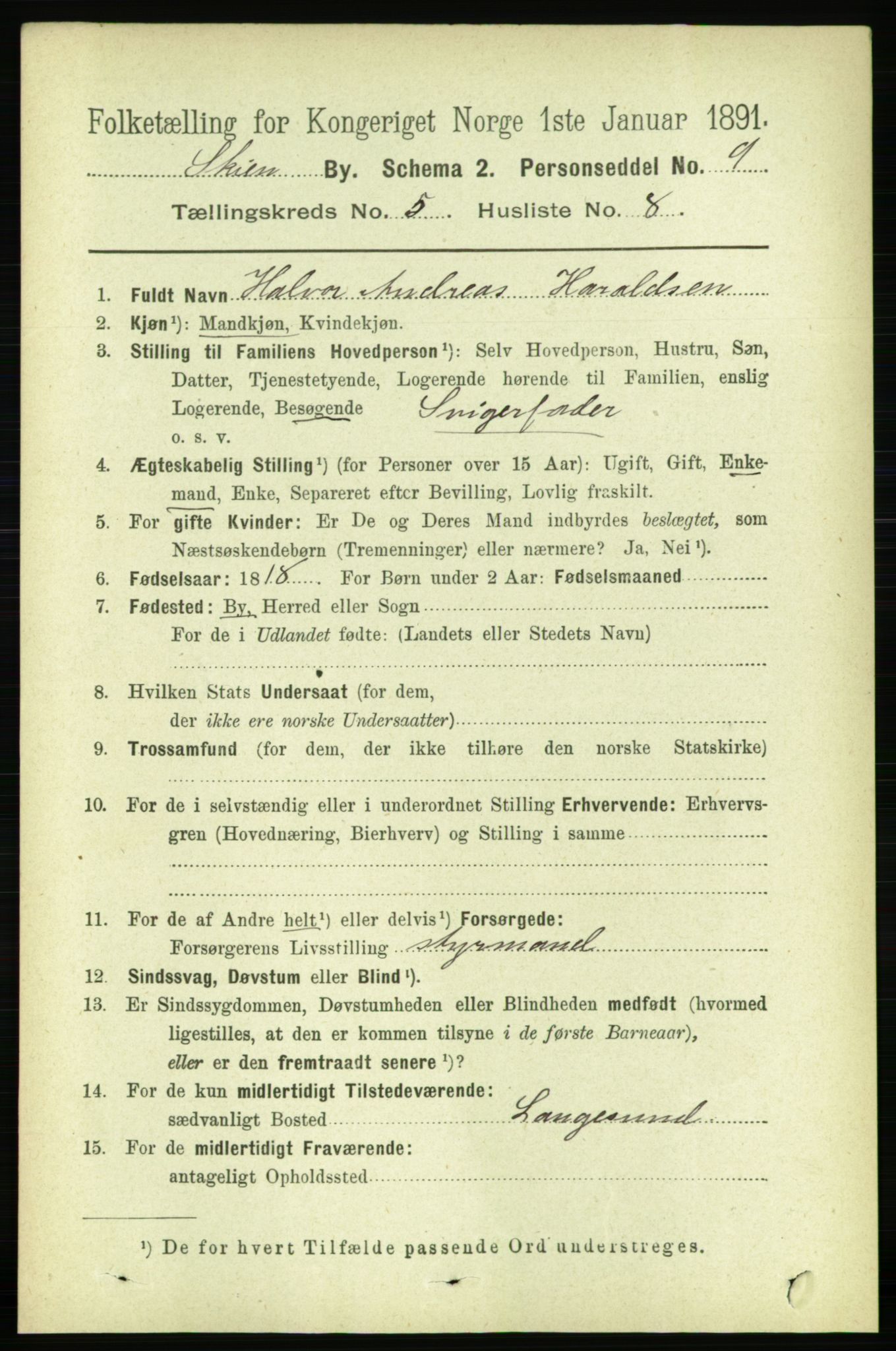 RA, 1891 census for 0806 Skien, 1891, p. 2970