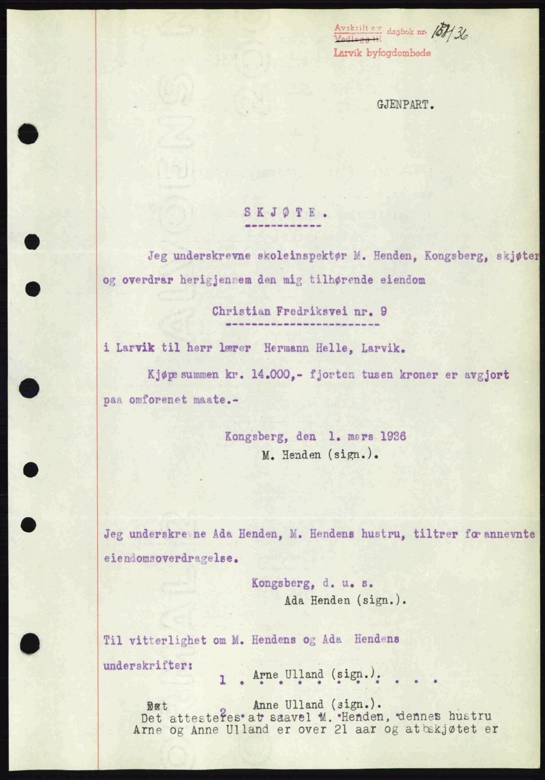 Larvik sorenskriveri, SAKO/A-83/G/Ga/Gab/L0067: Mortgage book no. A-1, 1936-1937, Diary no: : 107/1936