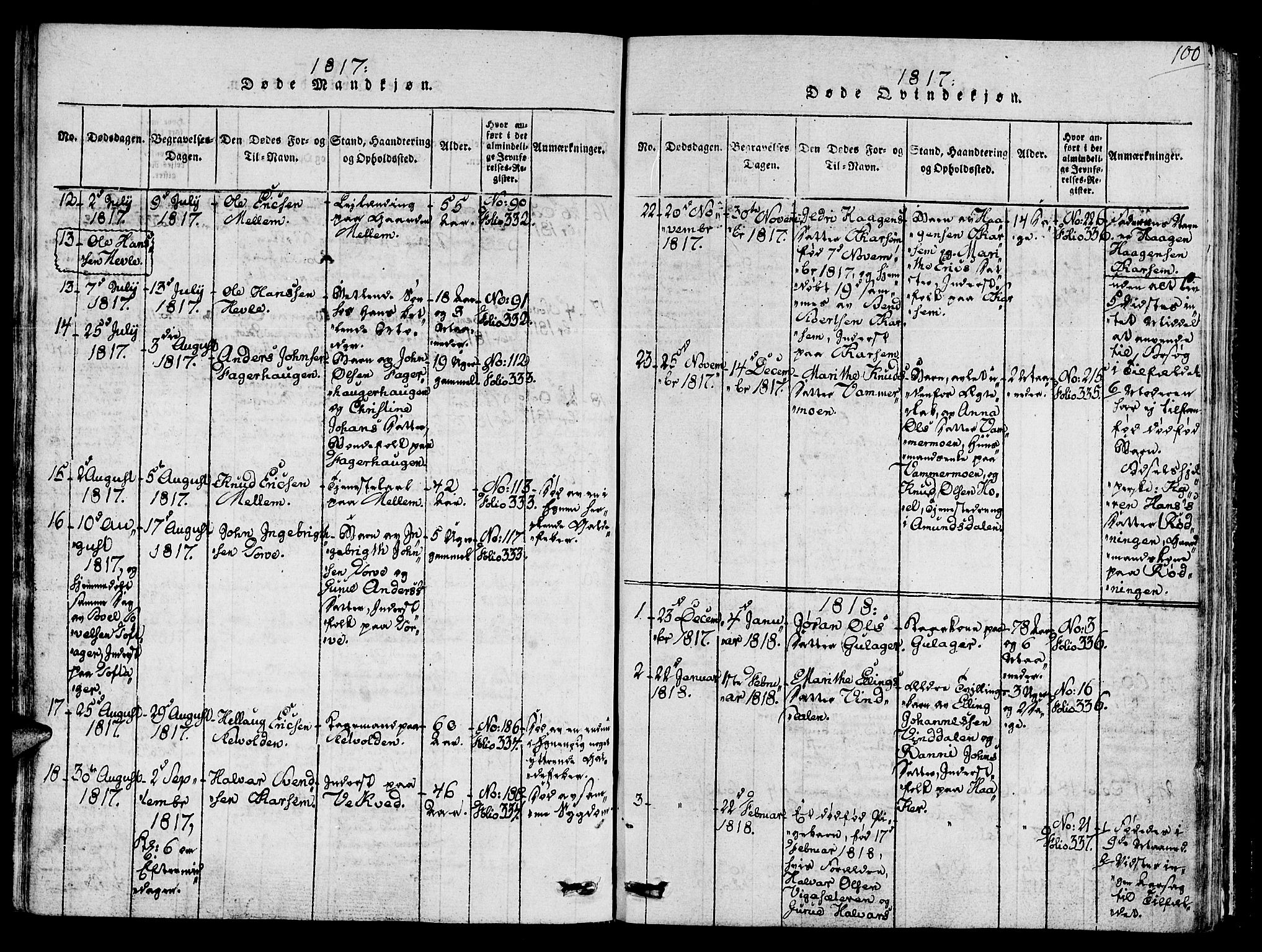 Ministerialprotokoller, klokkerbøker og fødselsregistre - Sør-Trøndelag, SAT/A-1456/678/L0895: Parish register (official) no. 678A05 /1, 1816-1821, p. 100