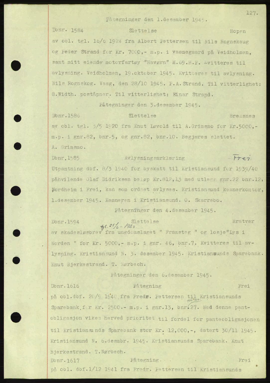 Nordmøre sorenskriveri, AV/SAT-A-4132/1/2/2Ca: Mortgage book no. C82a, 1945-1946, Diary no: : 1584/1945