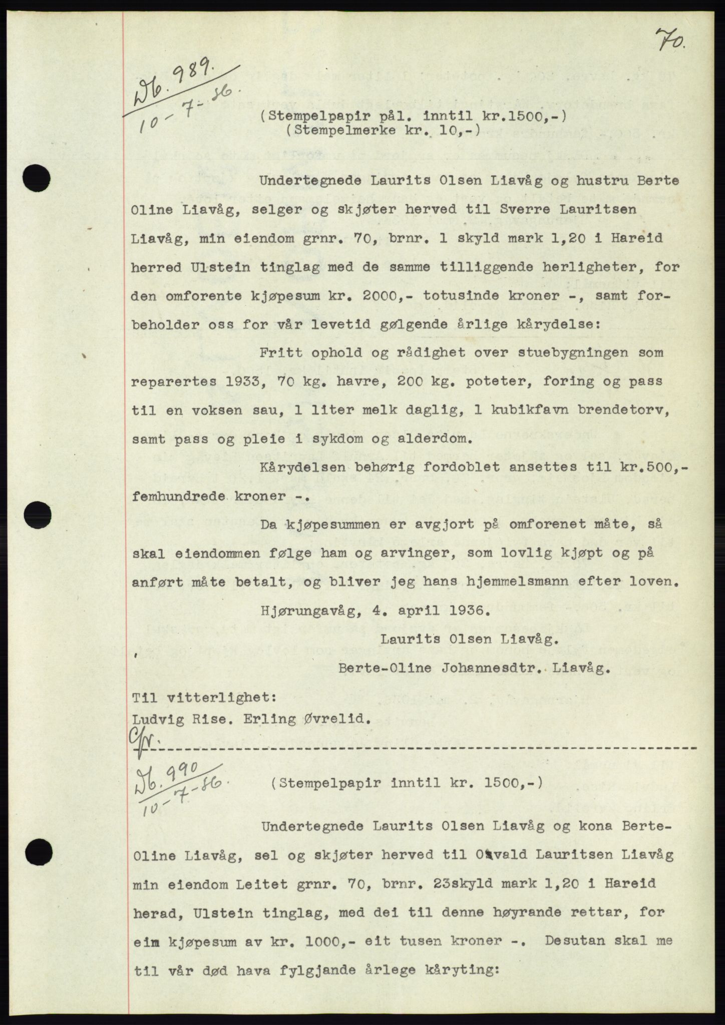 Søre Sunnmøre sorenskriveri, AV/SAT-A-4122/1/2/2C/L0061: Mortgage book no. 55, 1936-1936, Diary no: : 989/1936