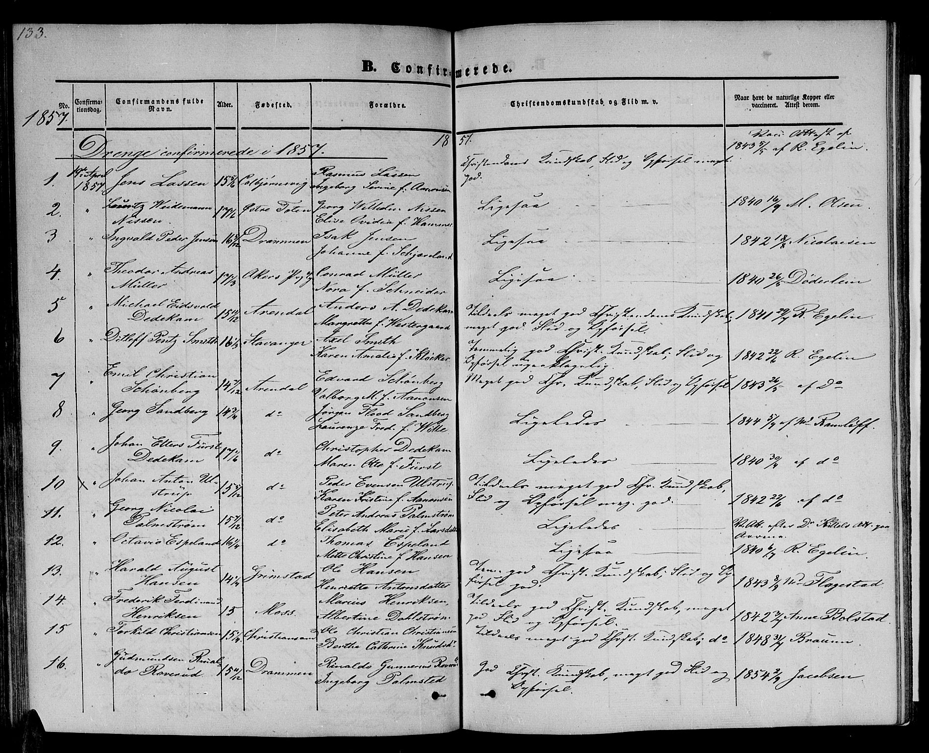 Arendal sokneprestkontor, Trefoldighet, SAK/1111-0040/F/Fb/L0002: Parish register (copy) no. B 2, 1838-1860, p. 133