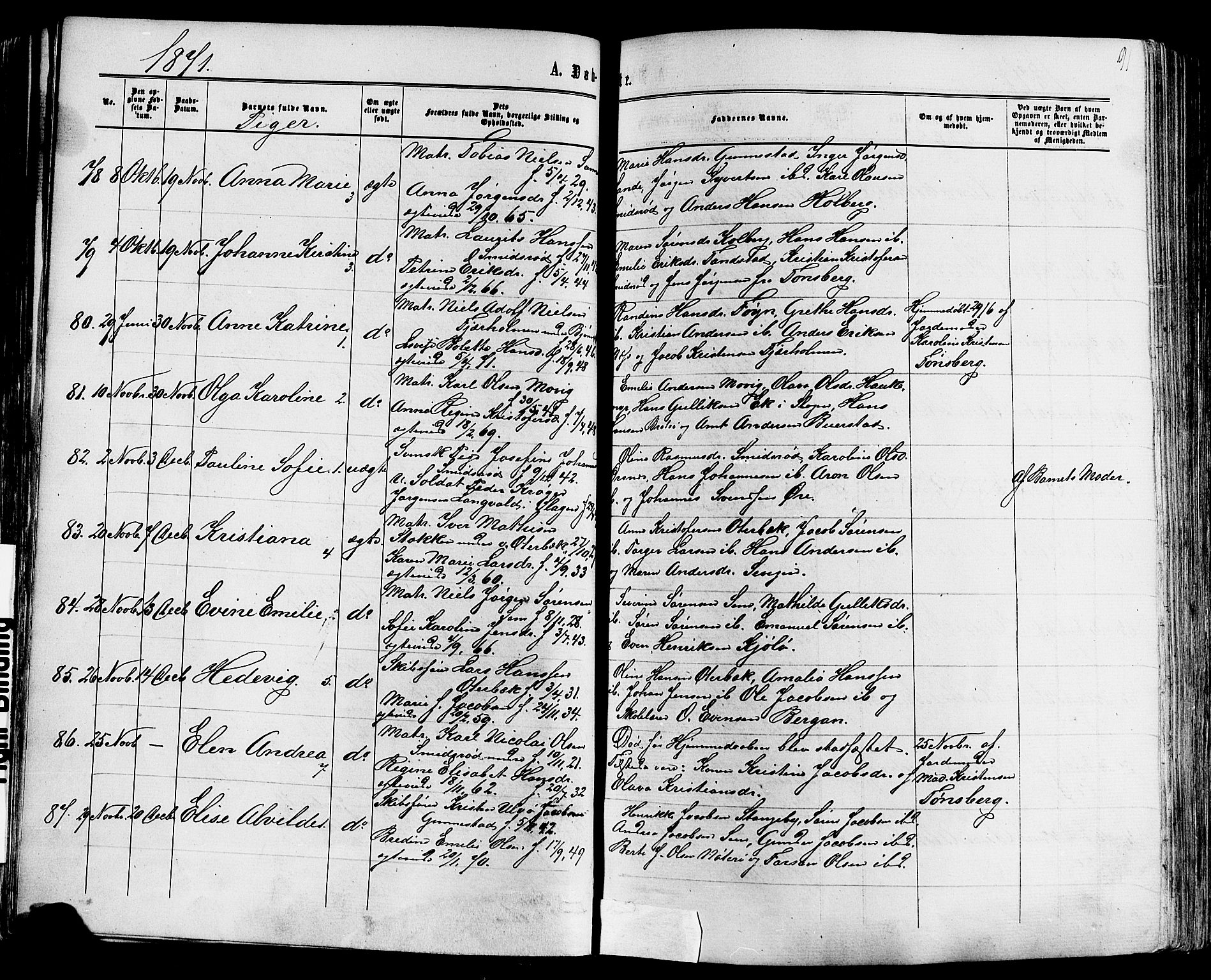 Nøtterøy kirkebøker, SAKO/A-354/F/Fa/L0007: Parish register (official) no. I 7, 1865-1877, p. 91