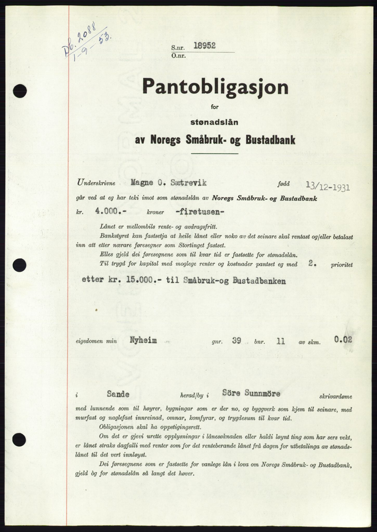 Søre Sunnmøre sorenskriveri, SAT/A-4122/1/2/2C/L0123: Mortgage book no. 11B, 1953-1953, Diary no: : 2088/1953