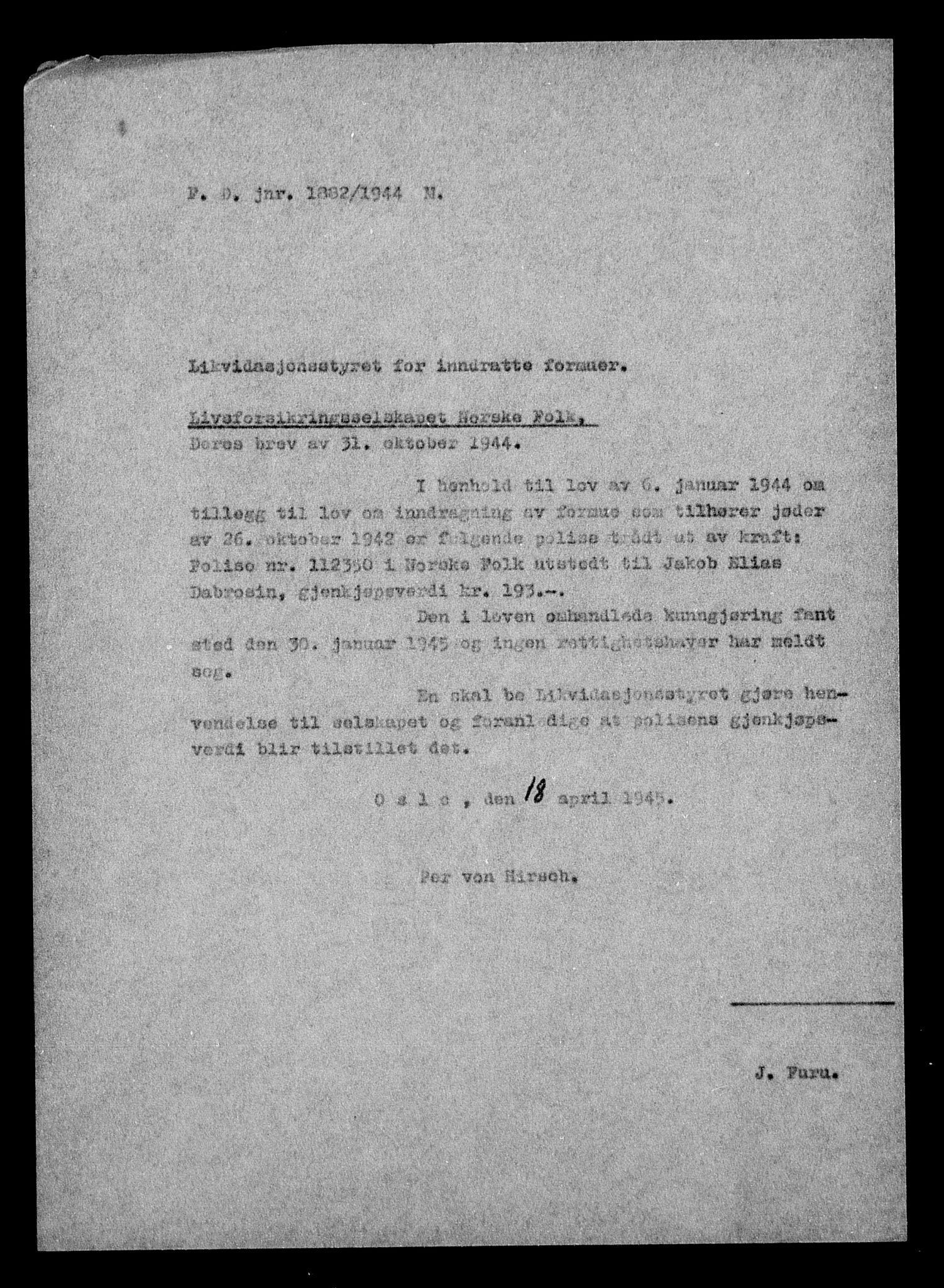 Justisdepartementet, Tilbakeføringskontoret for inndratte formuer, AV/RA-S-1564/H/Hc/Hcc/L0929: --, 1945-1947, p. 275