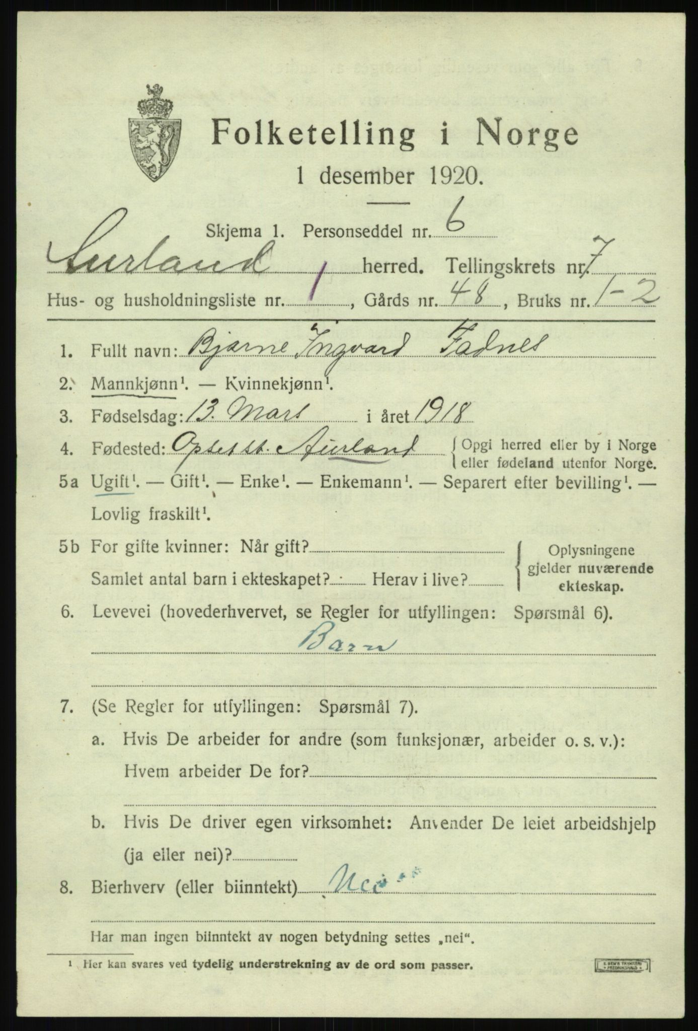 SAB, 1920 census for Aurland, 1920, p. 4080