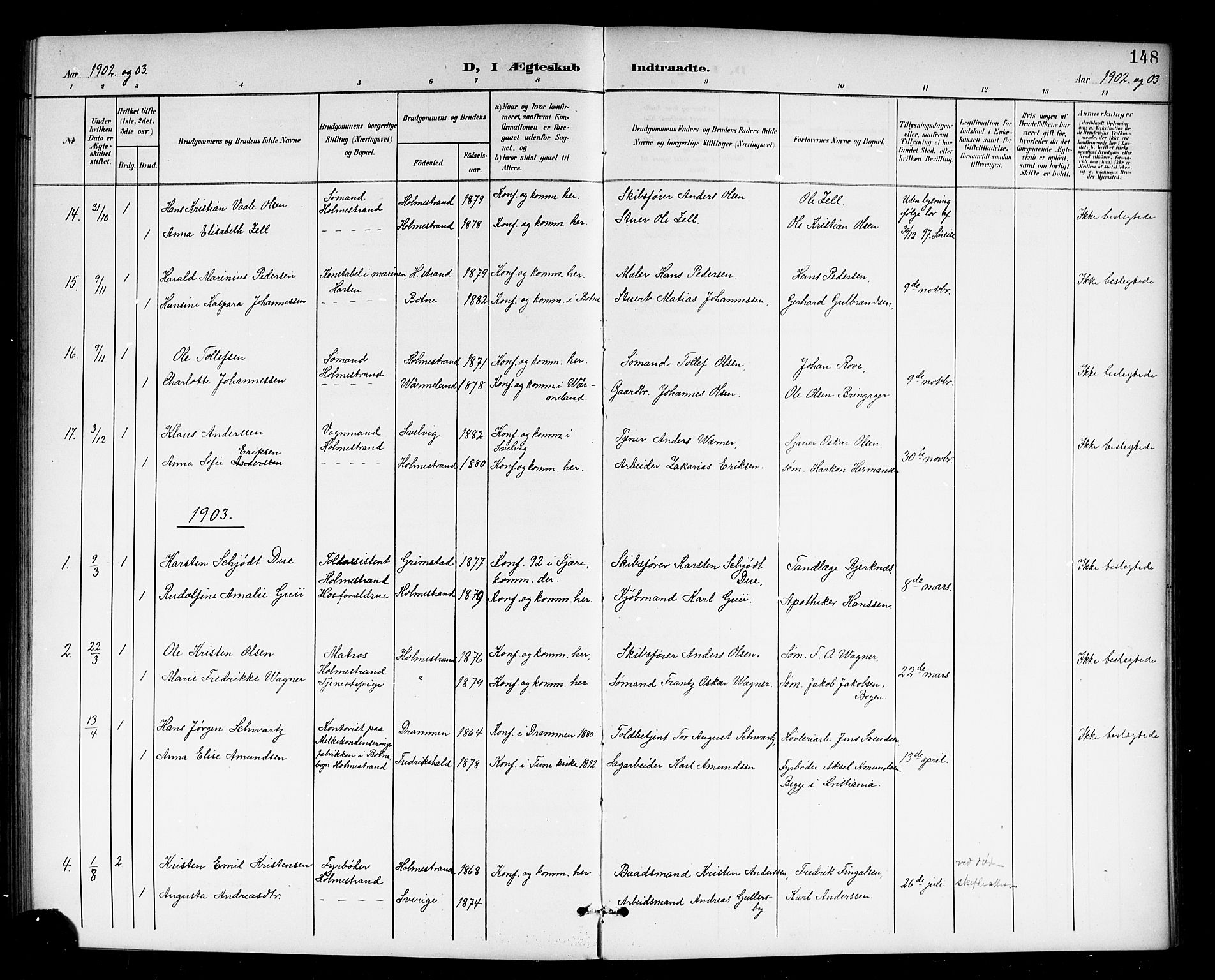 Holmestrand kirkebøker, AV/SAKO-A-346/G/Ga/L0006: Parish register (copy) no. 6, 1901-1923, p. 148