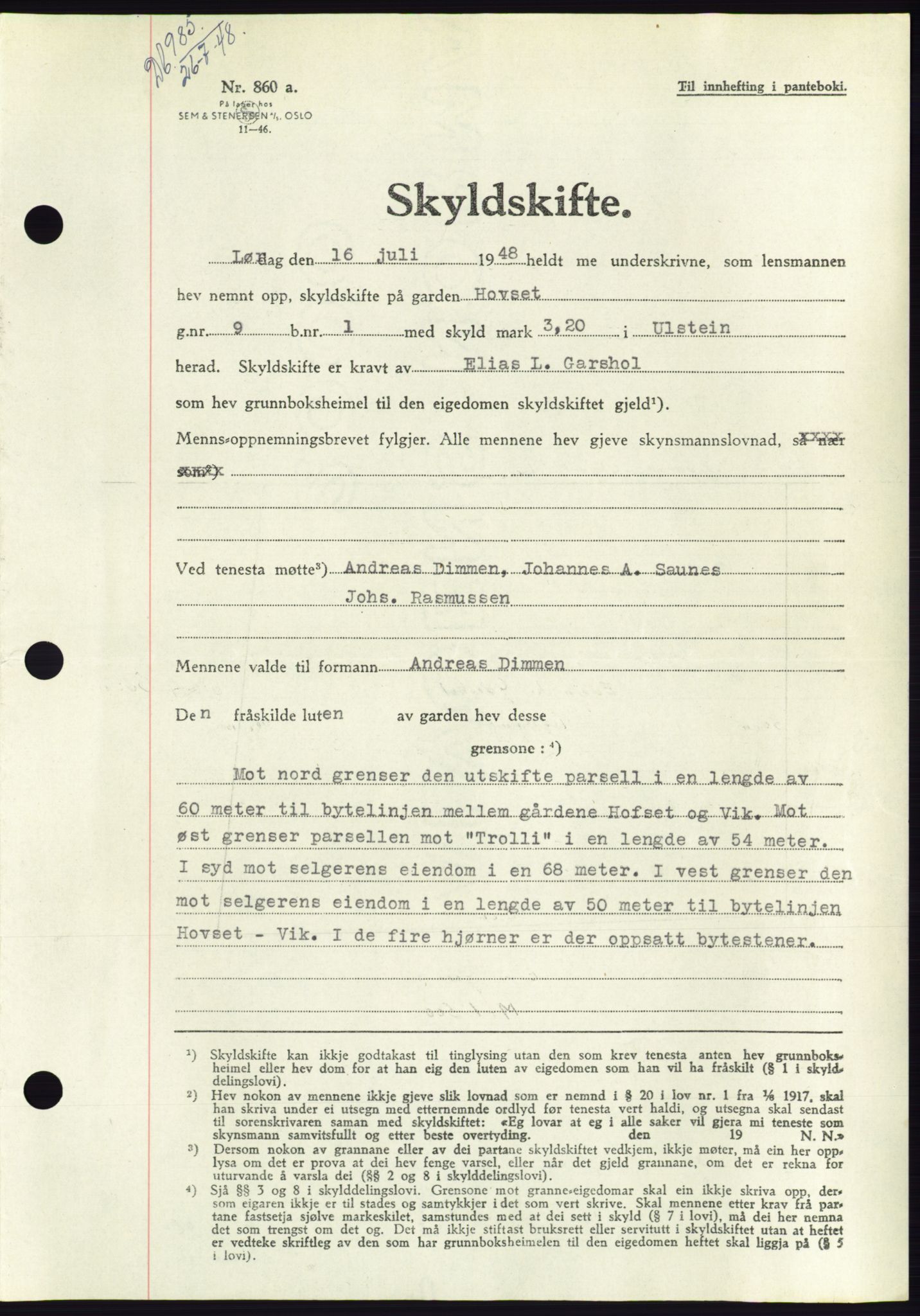 Søre Sunnmøre sorenskriveri, AV/SAT-A-4122/1/2/2C/L0082: Mortgage book no. 8A, 1948-1948, Diary no: : 985/1948