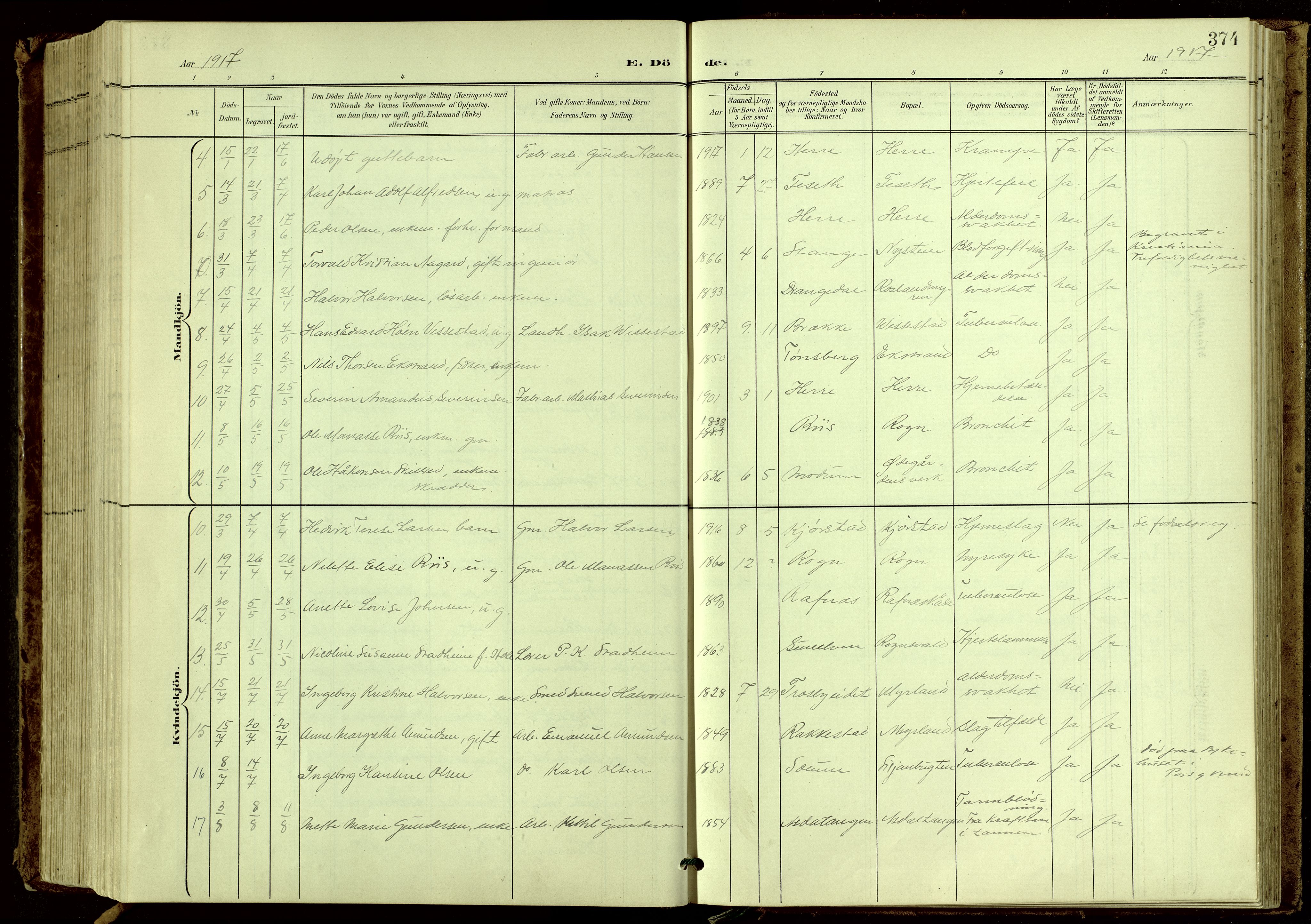 Bamble kirkebøker, SAKO/A-253/G/Ga/L0010: Parish register (copy) no. I 10, 1901-1919, p. 374