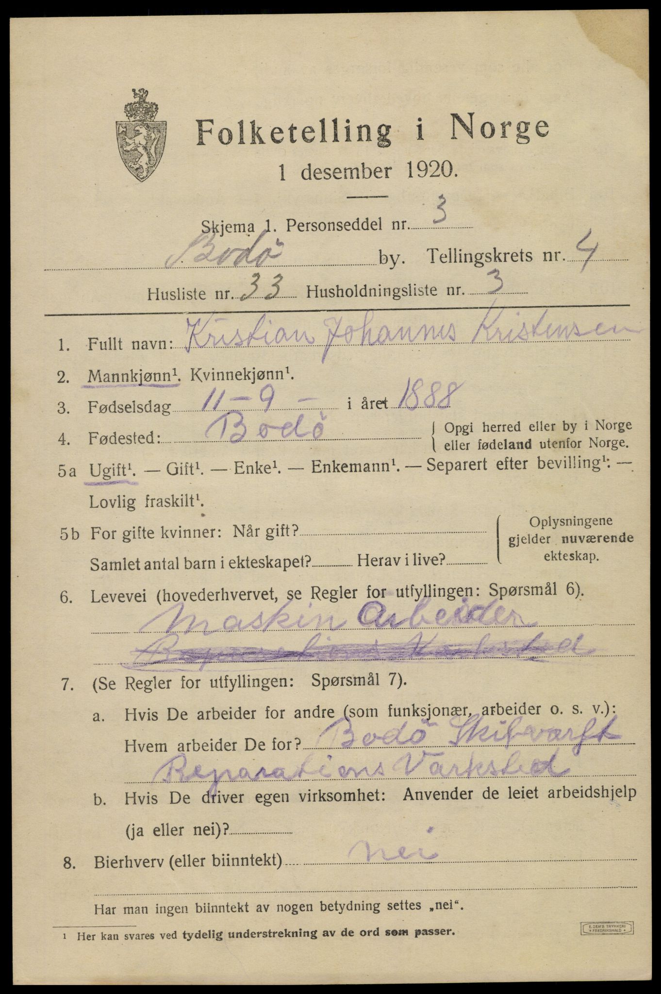 SAT, 1920 census for Bodø, 1920, p. 7919