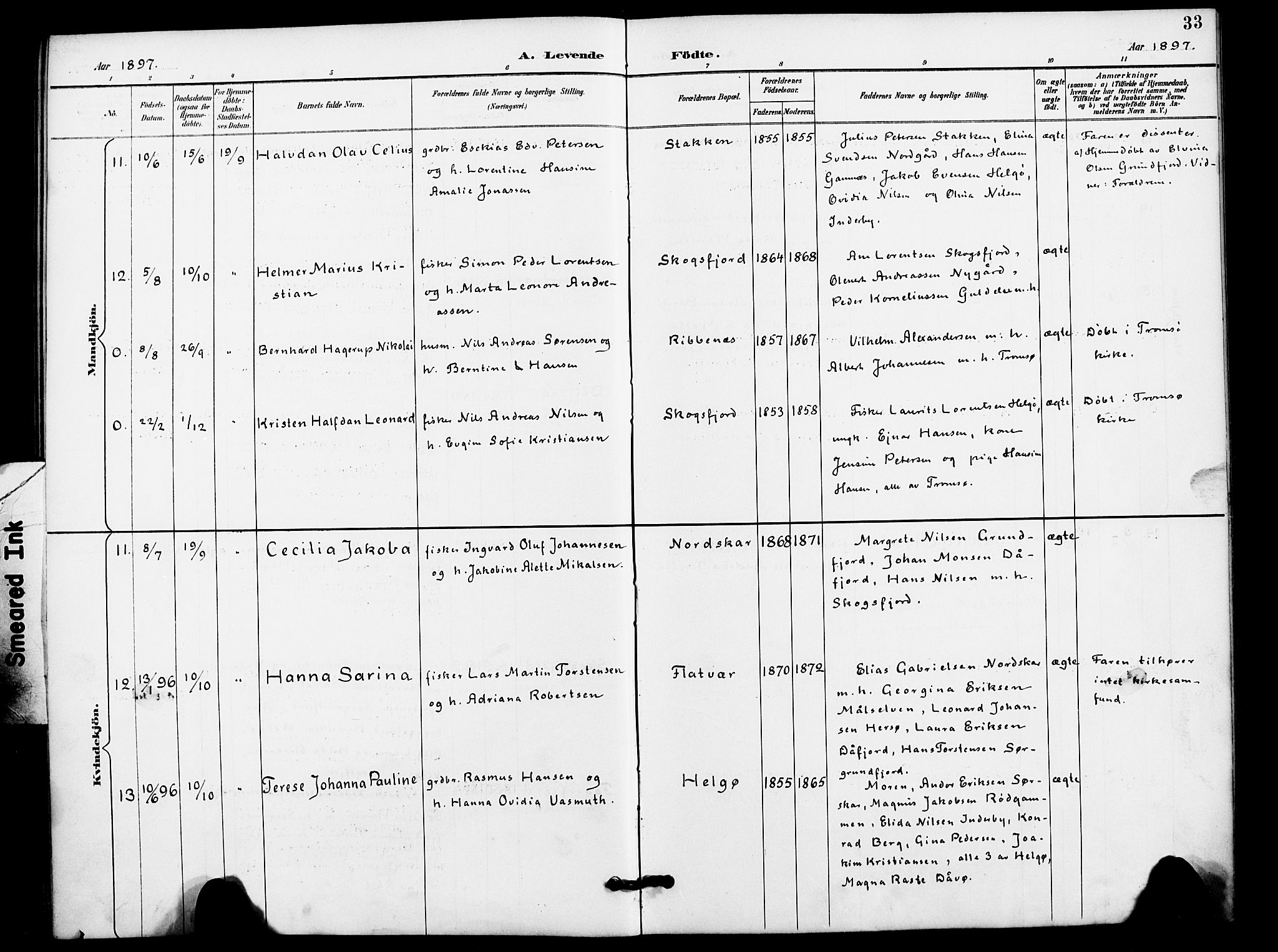 Karlsøy sokneprestembete, AV/SATØ-S-1299/H/Ha/Haa/L0012kirke: Parish register (official) no. 12, 1892-1902, p. 33