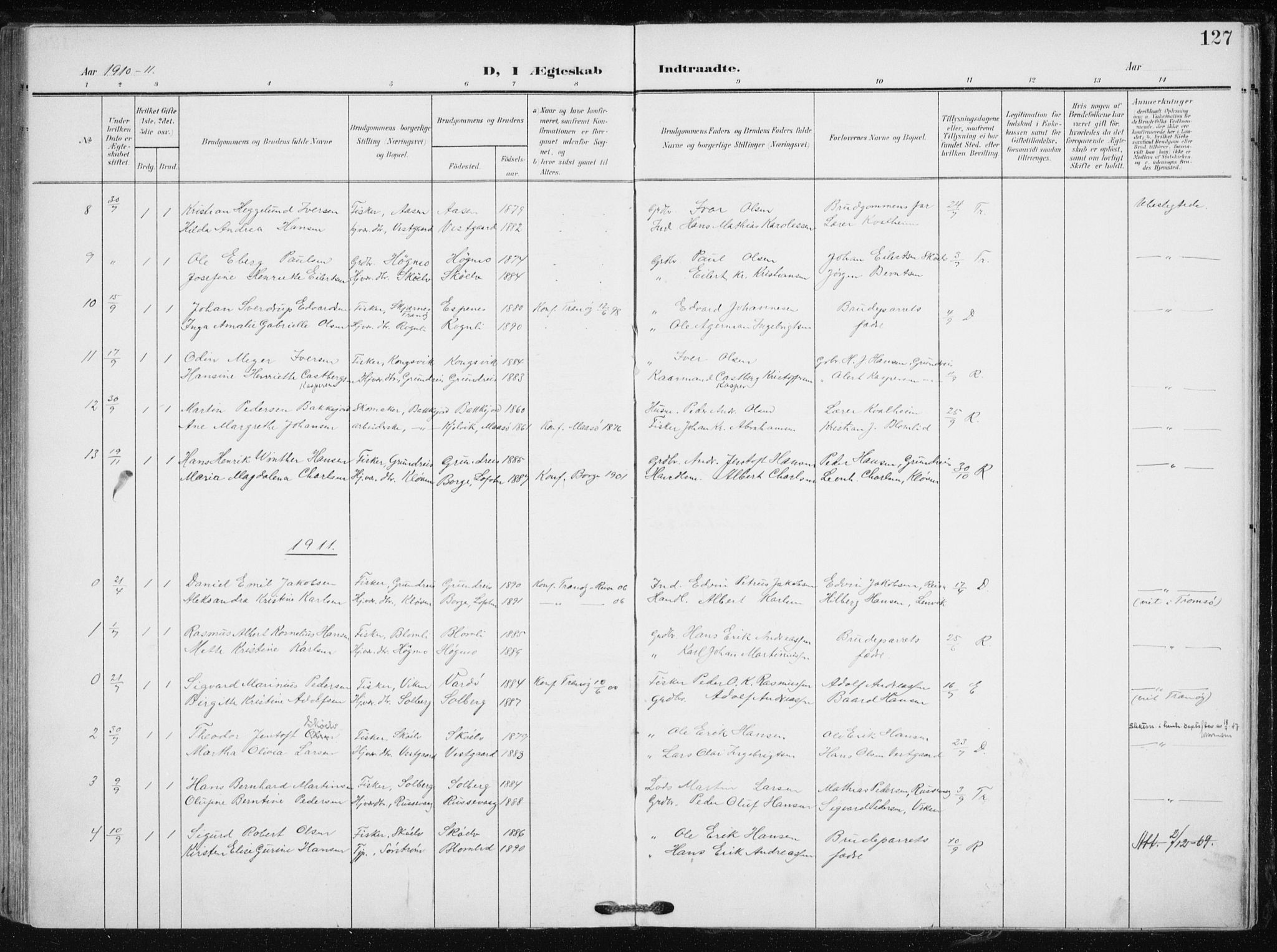 Tranøy sokneprestkontor, AV/SATØ-S-1313/I/Ia/Iaa/L0012kirke: Parish register (official) no. 12, 1905-1918, p. 127