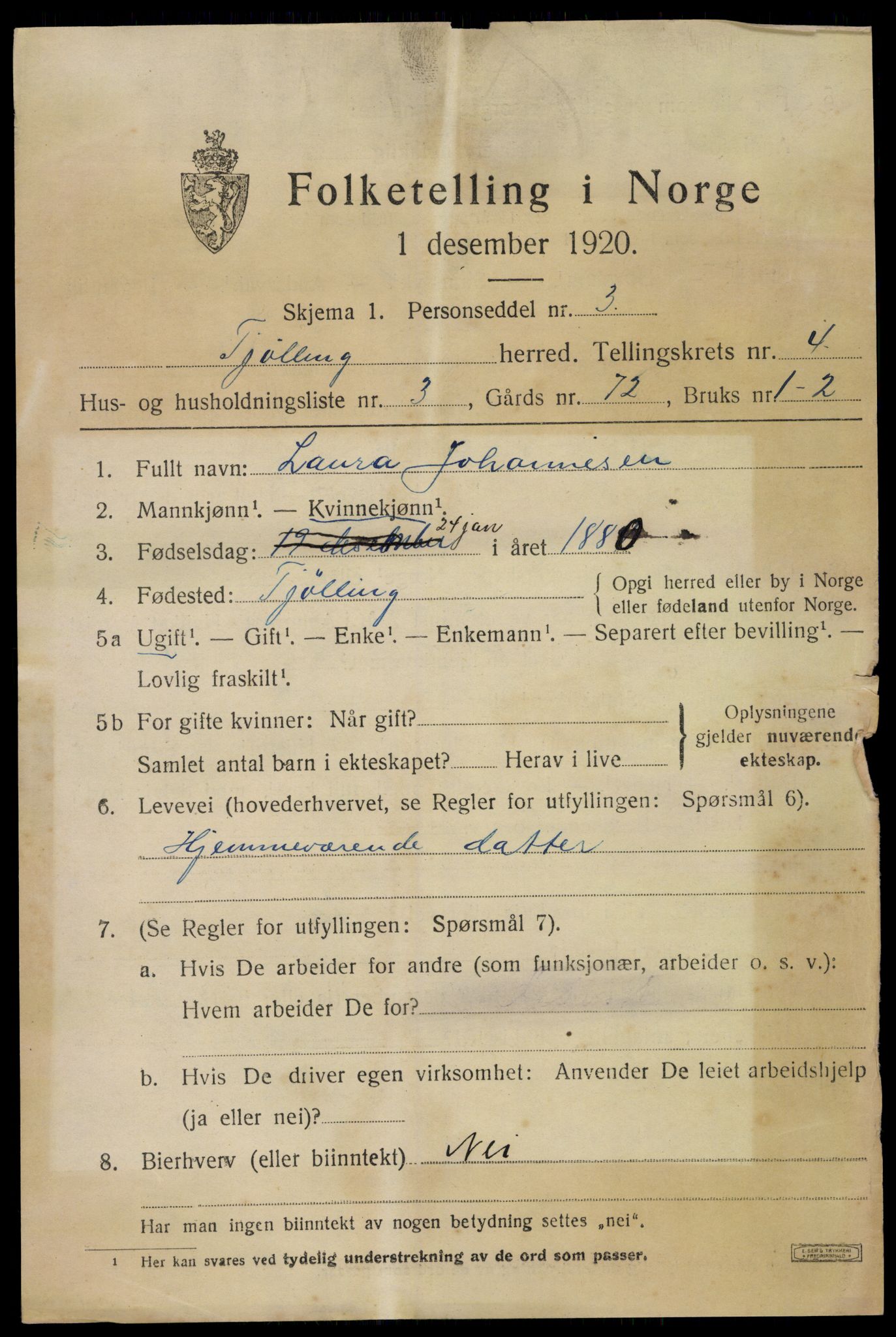 SAKO, 1920 census for Tjølling, 1920, p. 7523